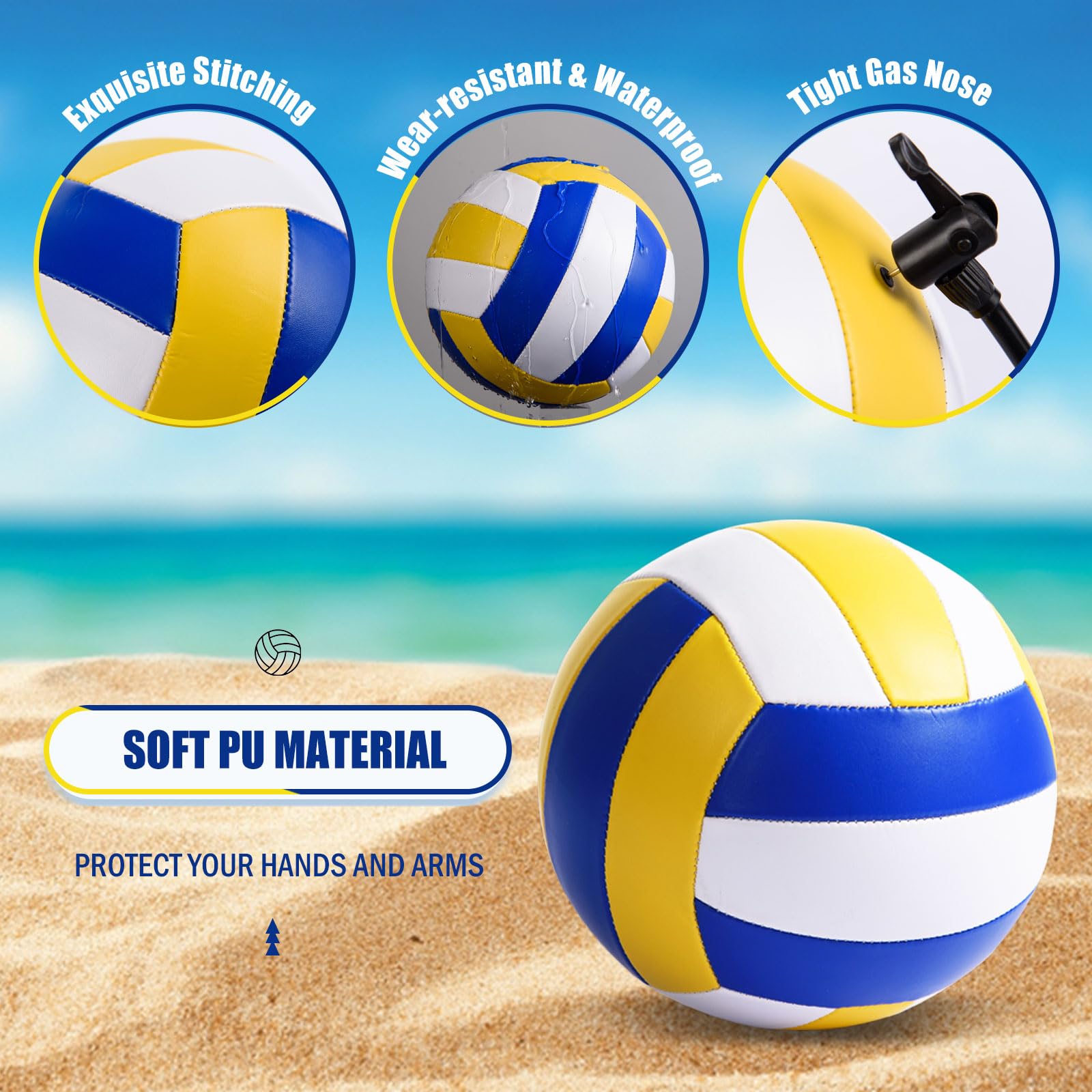 AWIZOM Volleybälle aus PU-Leder, offizielle Größe 5, 6 Stück, weiche Freizeit-Volleybälle für drinnen und draußen, Volleyball mit Pumpe, Netztasche, Aufblasstifte für Strand, Poolspiel, Fitnessstudio