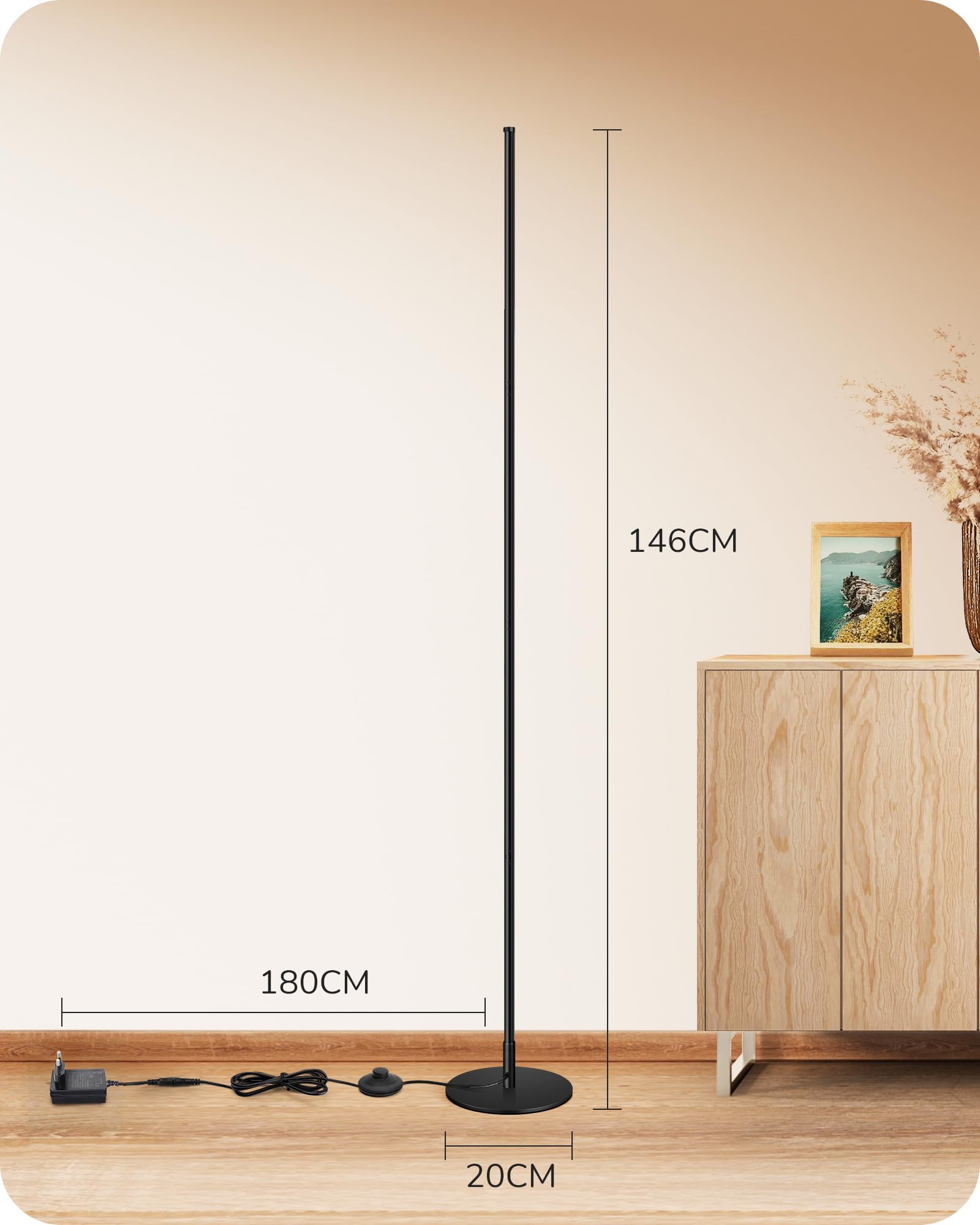 EDISHINE Lámpara LED de pie con intensidad variable continua, 3000K luz blanca cálida, lámpara de pie de esquina con interruptor de pie, lámpara de ambiente moderno para dormitorio, sala de estar