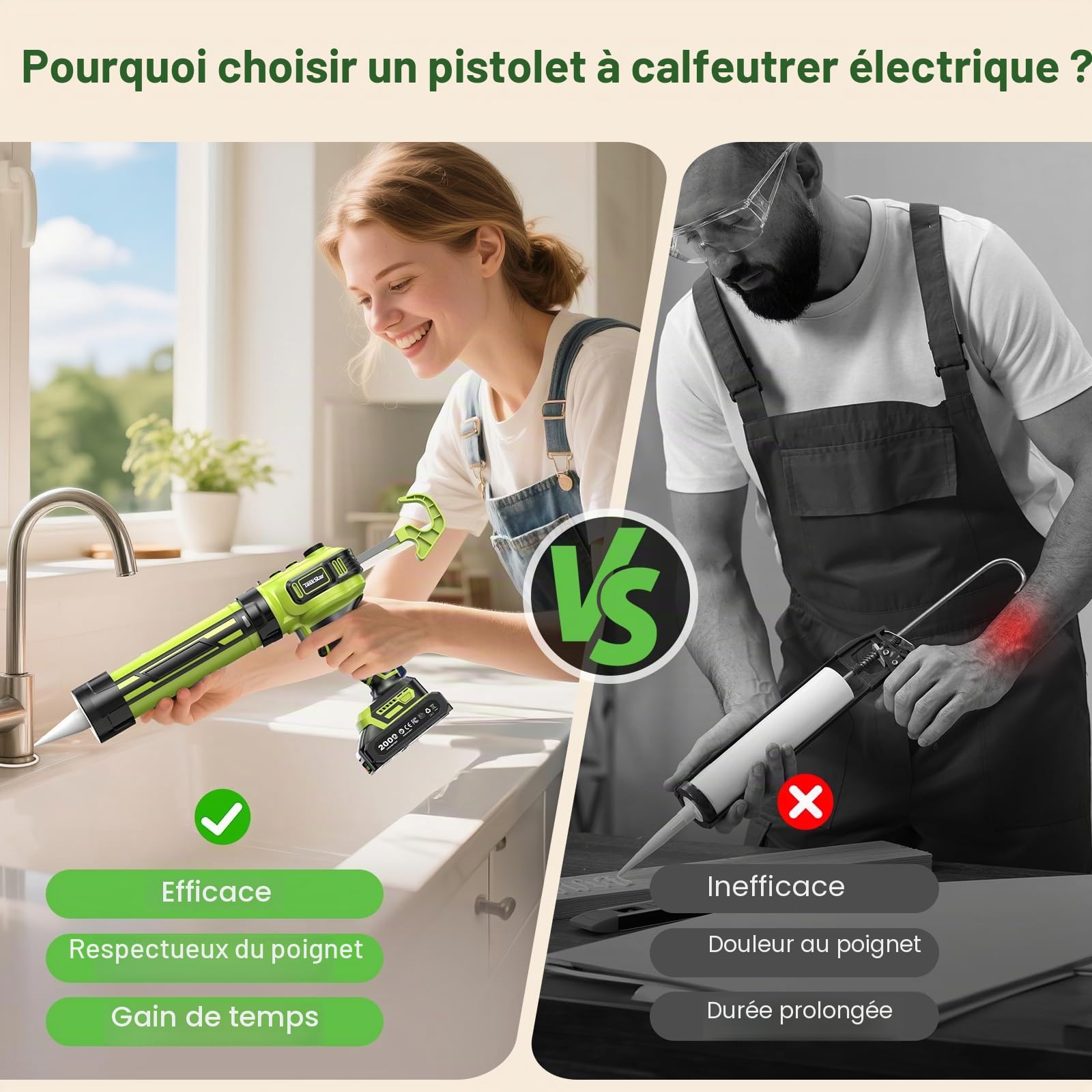 Pistolet à calfeutrer électrique compatible avec Makita-20 V, pistolet à calfeutrer sans fil avec 2 batteries de 2,0 Ah, lumière LED, vitesse variable, pistolet à mastic de batterie