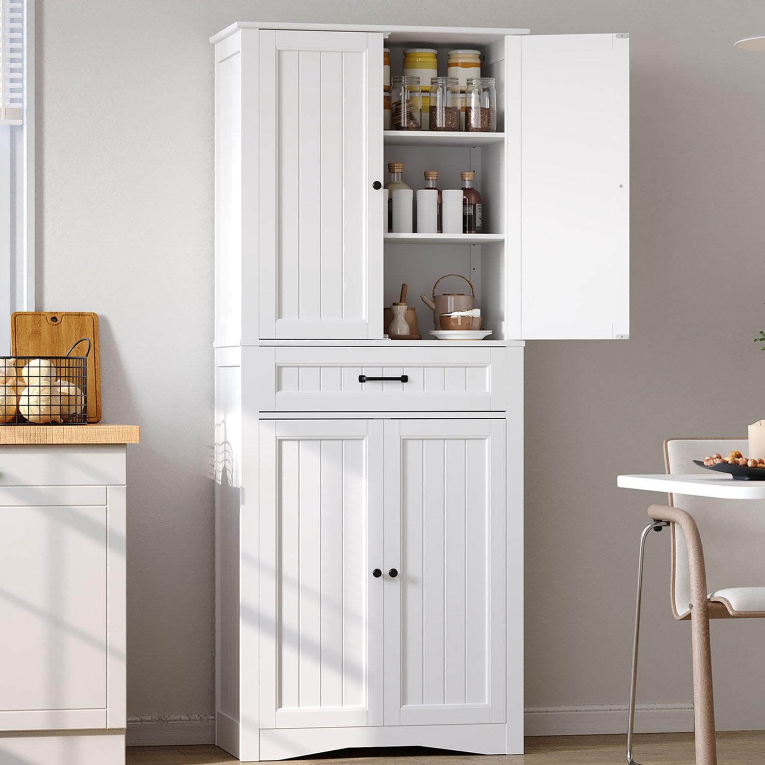 Buffet de Cuisine, Haute Crédence, Unité de Rangement avec 4 Portes et 1 Tiroir, Grande capacité, Étagères Réglables, pour Salon, Salle à Manger, Couloir, Style Moderne (72x40x182 cm) (Blanc)