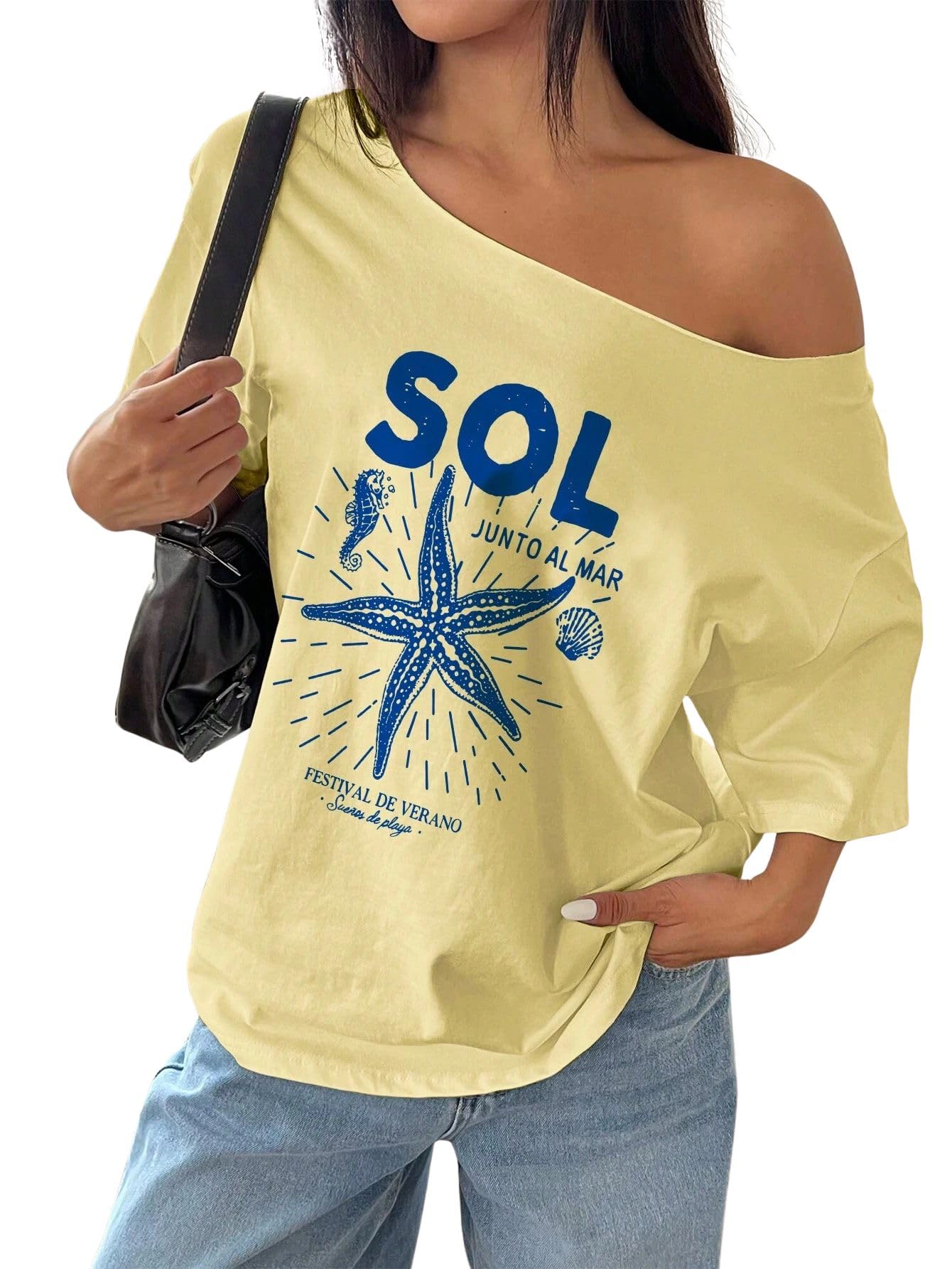 sxv style SOL Women Summer Loose Asymmetrical Neck Cocktail Fruit Orange Y2K Graphic Oversized T-Shirt-picture-38