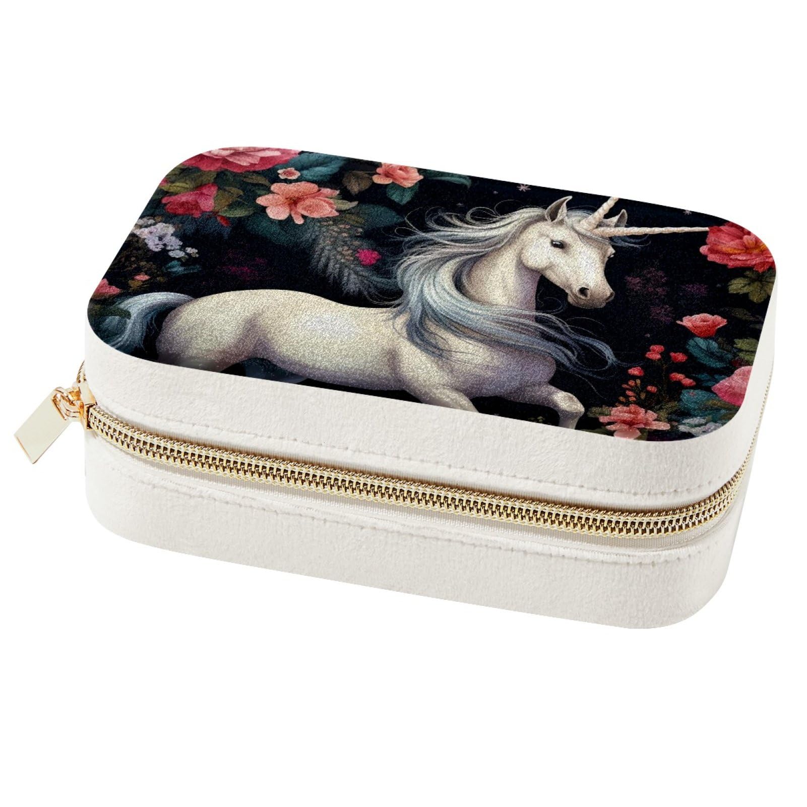 Boîte à bijoux portable licorne blanche pour bagues et colliers