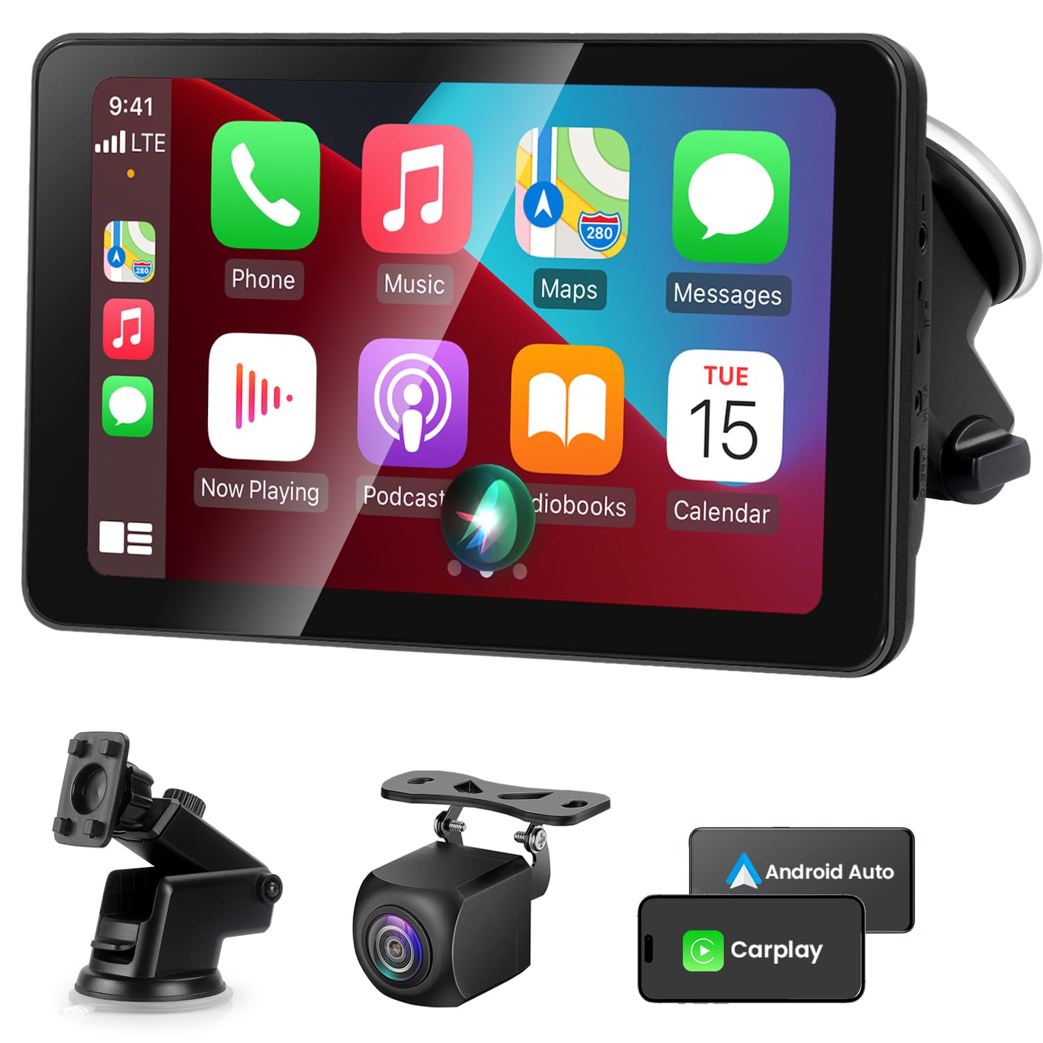 Wireless Apple CarPlay Android Auto Screen, Car Stereo 7" Touch Screen with HD Reversing Camera Portable Navigation Radio Vedio Player with Bluetooth WiFi, Live Navigation, Voice Control, Mirror Link