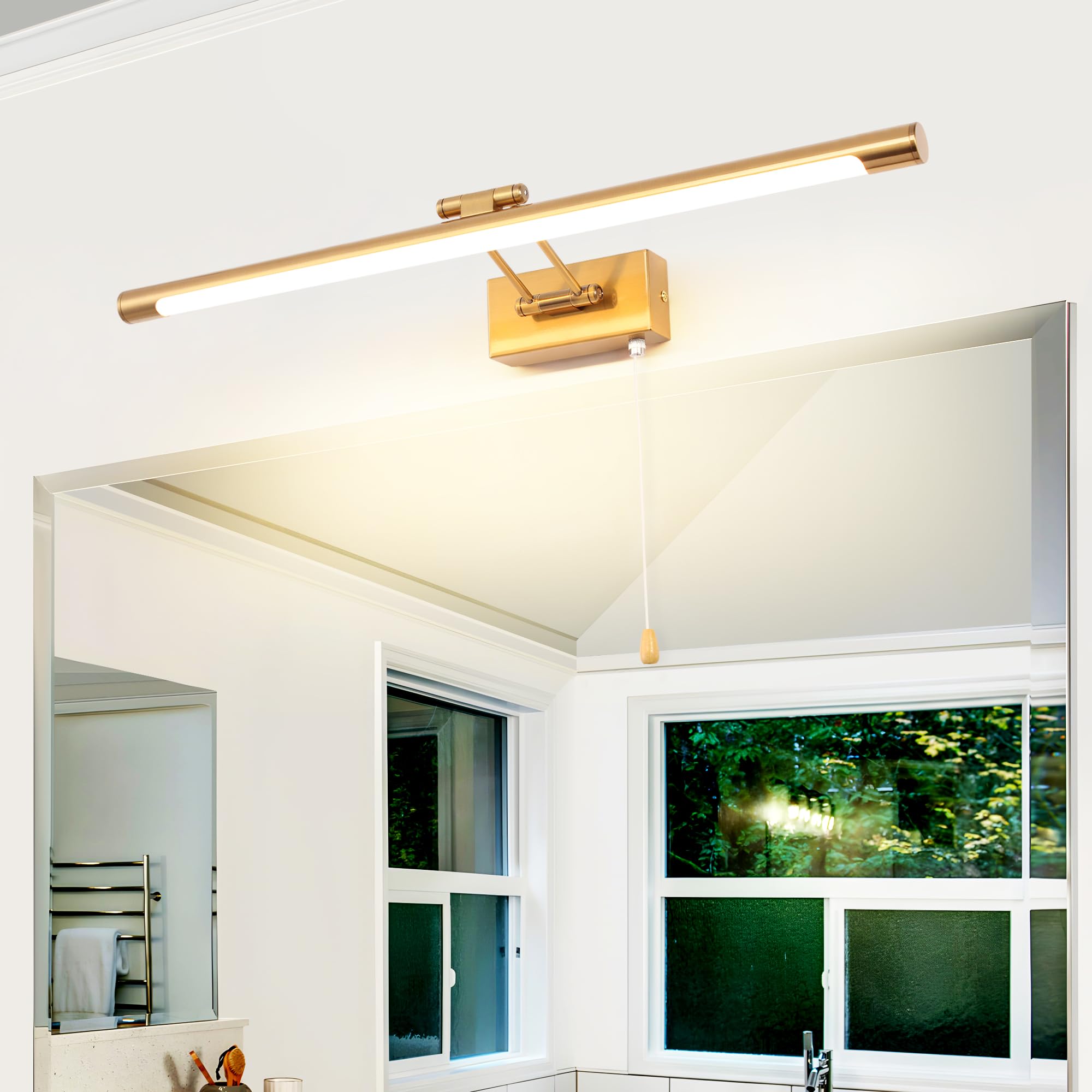 LED Applique Parete Lampada 60cm 12W Illuminazione Specchio da Bagno IP44 3000K Ottone Braccio dritto Regolabile Portalampada Luce Dell'immagine Luci Lettura Comodino Con Tirare l'interruttore