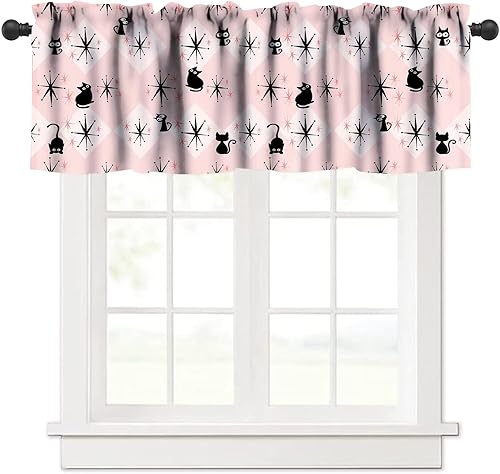 Miniatura 1 de Cenefa de ventana de estilo de mediados de siglo, diseño geométrico bohemio de los años 50 y 60 con bonito diseño de gato rosa atómico, cenefas de