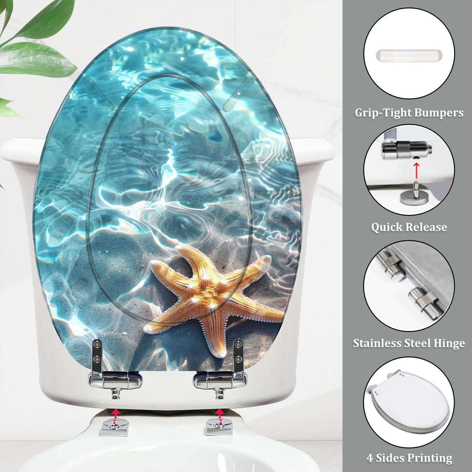 Elongated Resin Toilet Seat Starfish Seashell Summer Beach Quiet Close