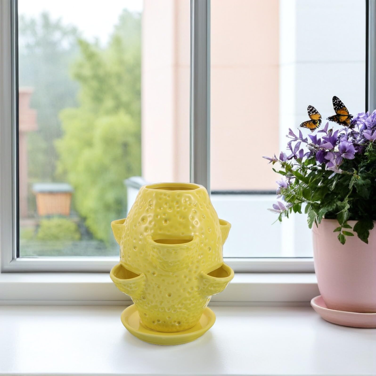 Levemolo Ceramiczna Doniczka Kształcie Cytryny z Wieloma Otworami i Podstawkiem Unikalny Dekoracyjny Kwietnik Do Sukulentów Ziół i Roślin Doniczkowych Do Użytku Wewnątrz i Zewnątrz