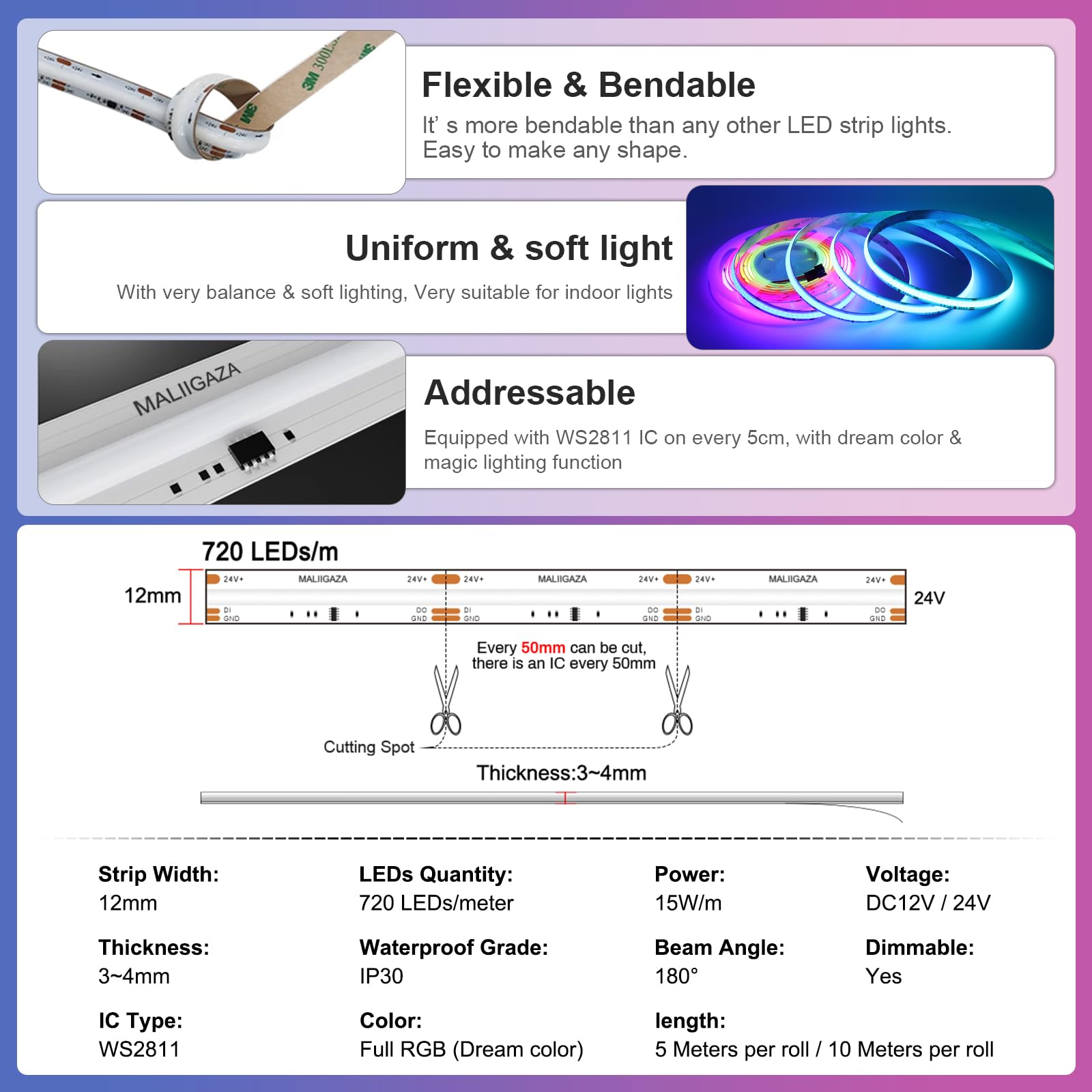 Striscia LED SMD RGB COB LED Wifi Set indirizzabile SPI RGB LED con app Tuya, Alexa Google Home controllo vocale musica Sync 2.4G RF telecomando cambia colore per camera soffitto TV
