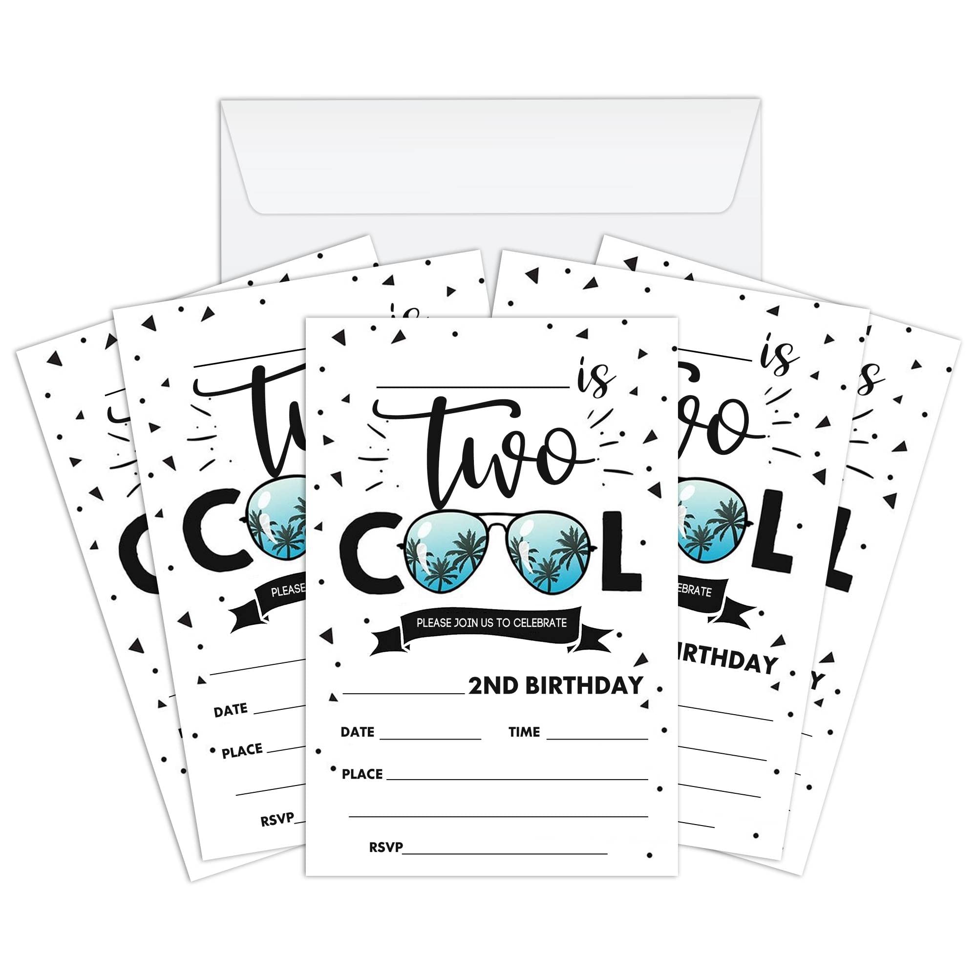 AXAMDAM Two Cool Birthday Invitations Cards, 2nd Summer Party Invitations for Kids Boys and Girls, 20 Cards With 20 Envelopes Party Favors & Celebration Supplies-0072