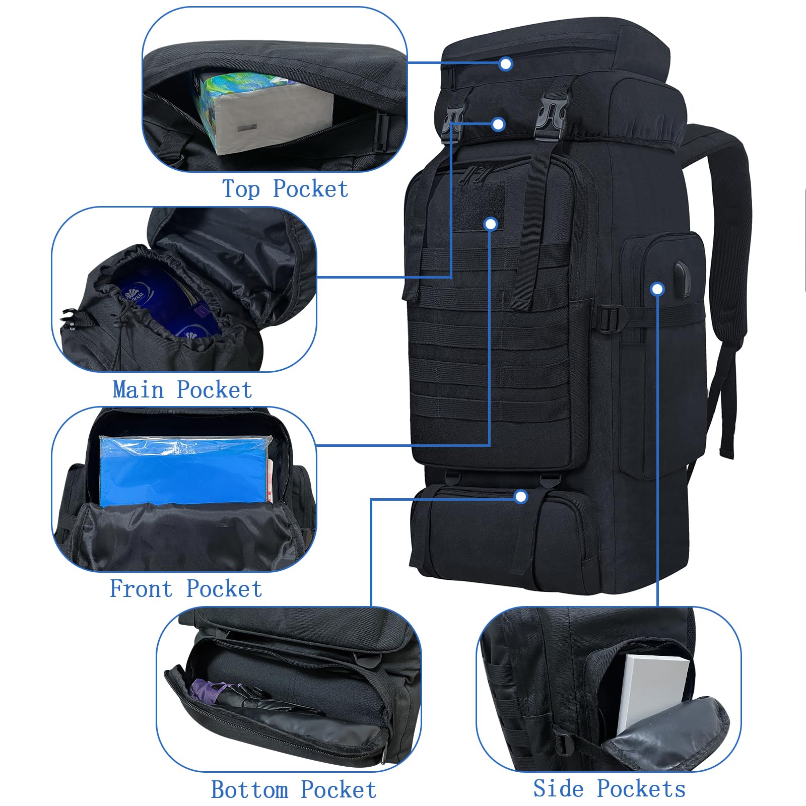 Lizbin Hiking Backpack, 80L Camping Hiking Backpack, Military Tactical Backpack Molle Rucksack - Image 4