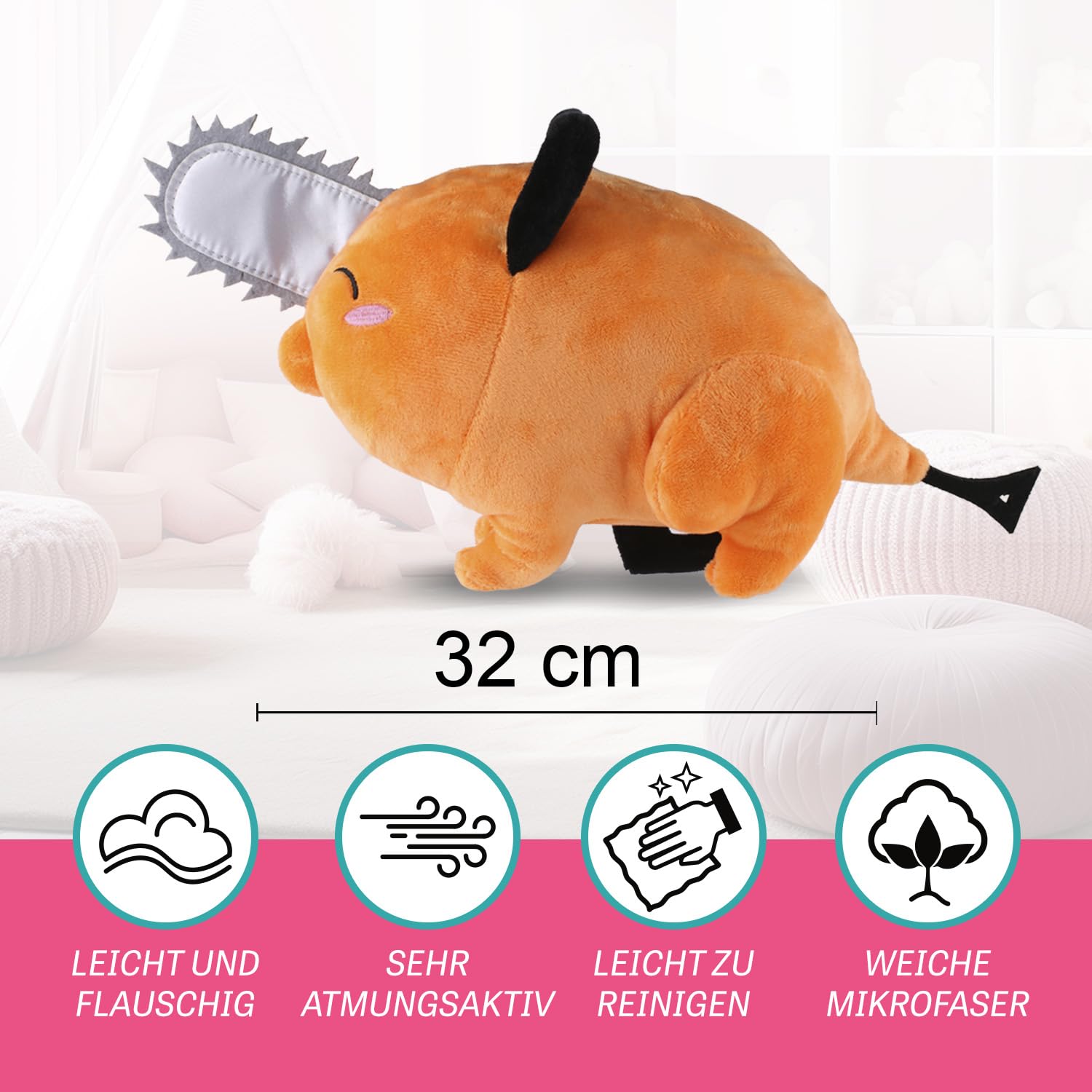 Play by Play Chainsaw Man Pochita pluszowe zwierzątko, pluszowa zabawka, figurka < siedząca z zamkniętym okiem, 32 cm + mini plusz >