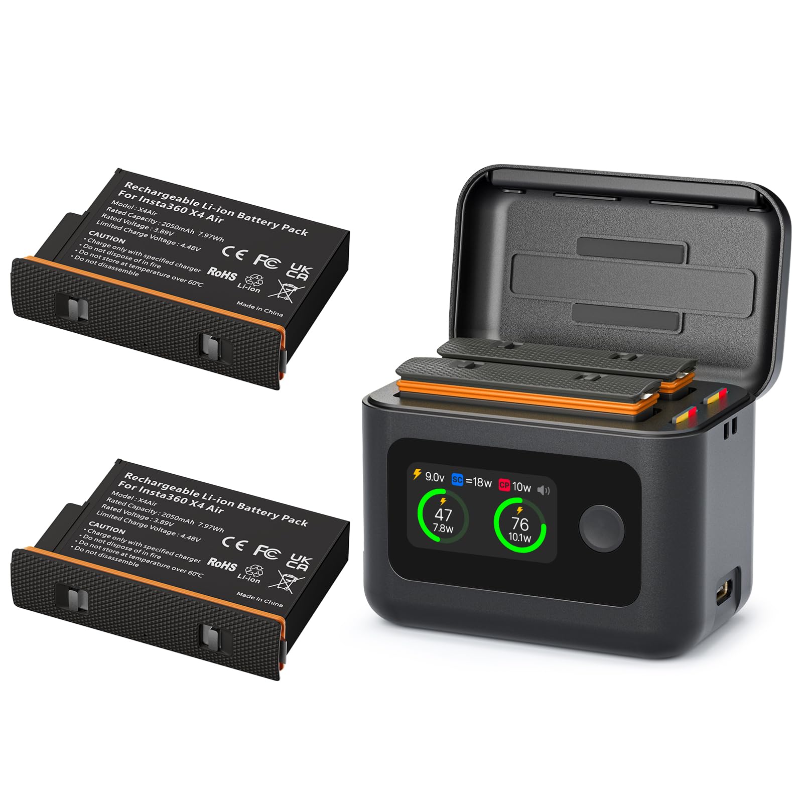 X4 Air Batteries(2 Packs) with Fast Charge Hub 27W Dual Fast Charging Case w/LCD Display, Intelligent Two Way Charger Hub for Insta360 X4 Air(Not for X4),Shows Battery SOC