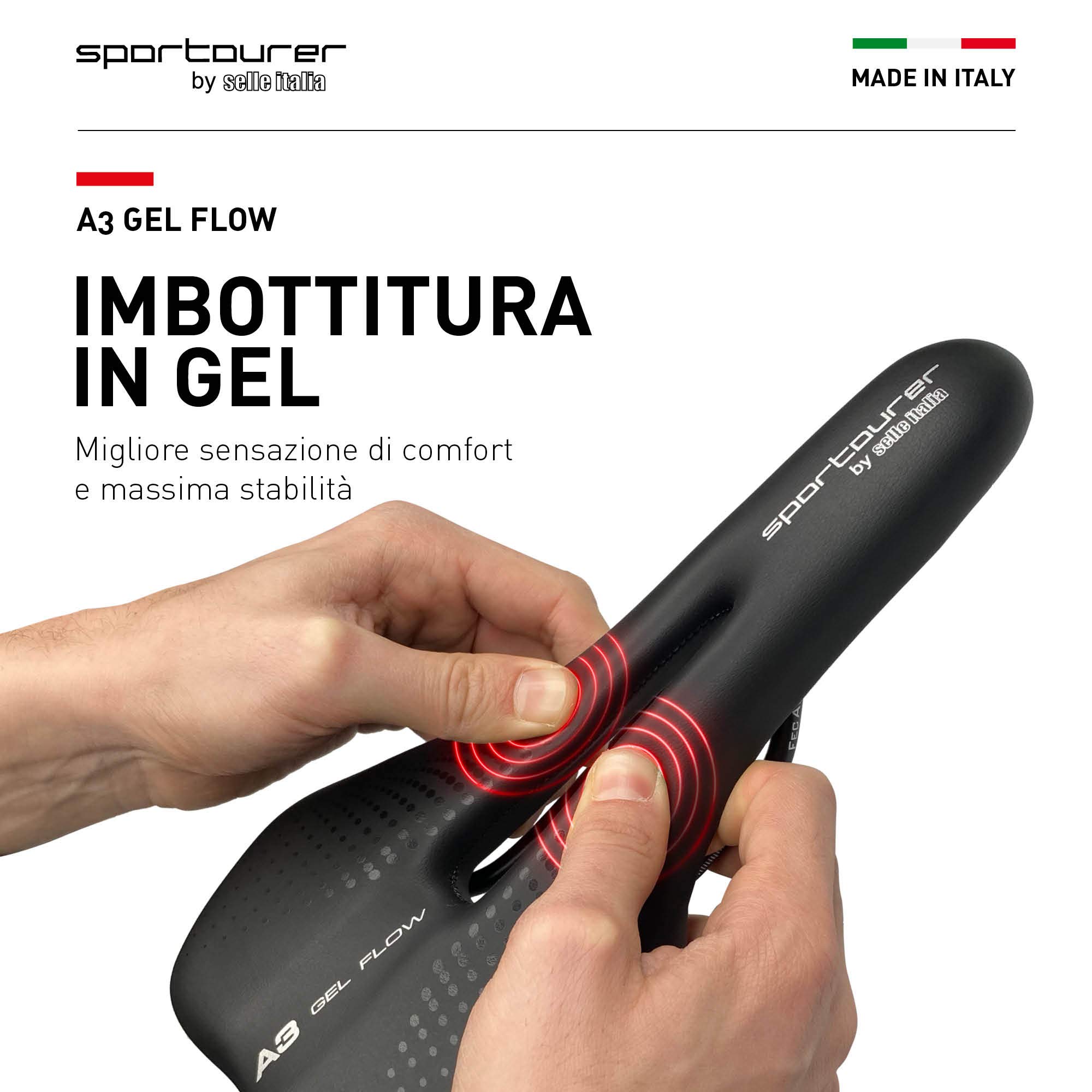 Selle Italia A3 GEL FLOW - Sella Comoda per Bicicletta con Gel, Foro Anatomico, Resistente all'Acqua e Adatta a Tutti i Tipi di Bici - Nero
