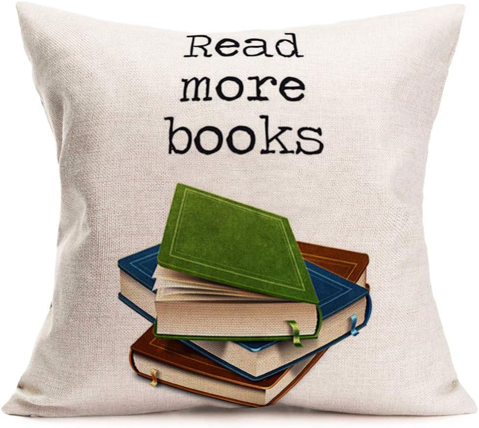 AremetopBook Pillows Decorative Throw Pillow Cover Red More Books Motivational Quote with Colorful Books Printed Cotton Linen Pillow Case 18x18 Inch Square Cushion Cover for Book Lover