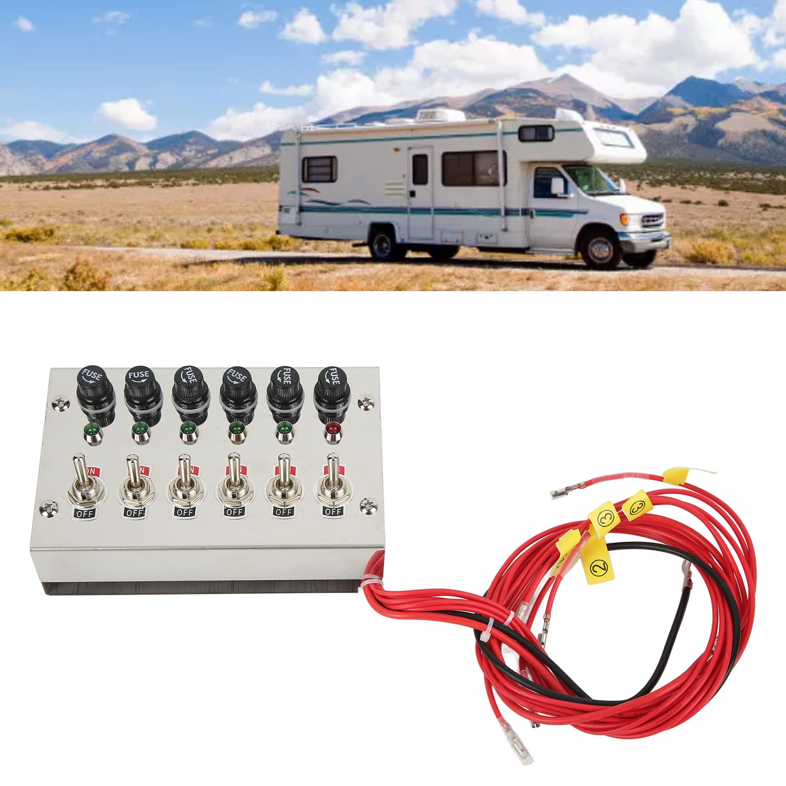 6 Panel Przełączników Schodowych, DC12V 24V 15A 6 Panel Przełączników Schodowych z Bezpiecznikami Wskaźniki LED Polerowana Stal Nierdzewna do Samochodów Wyścigowych RVs Trucks