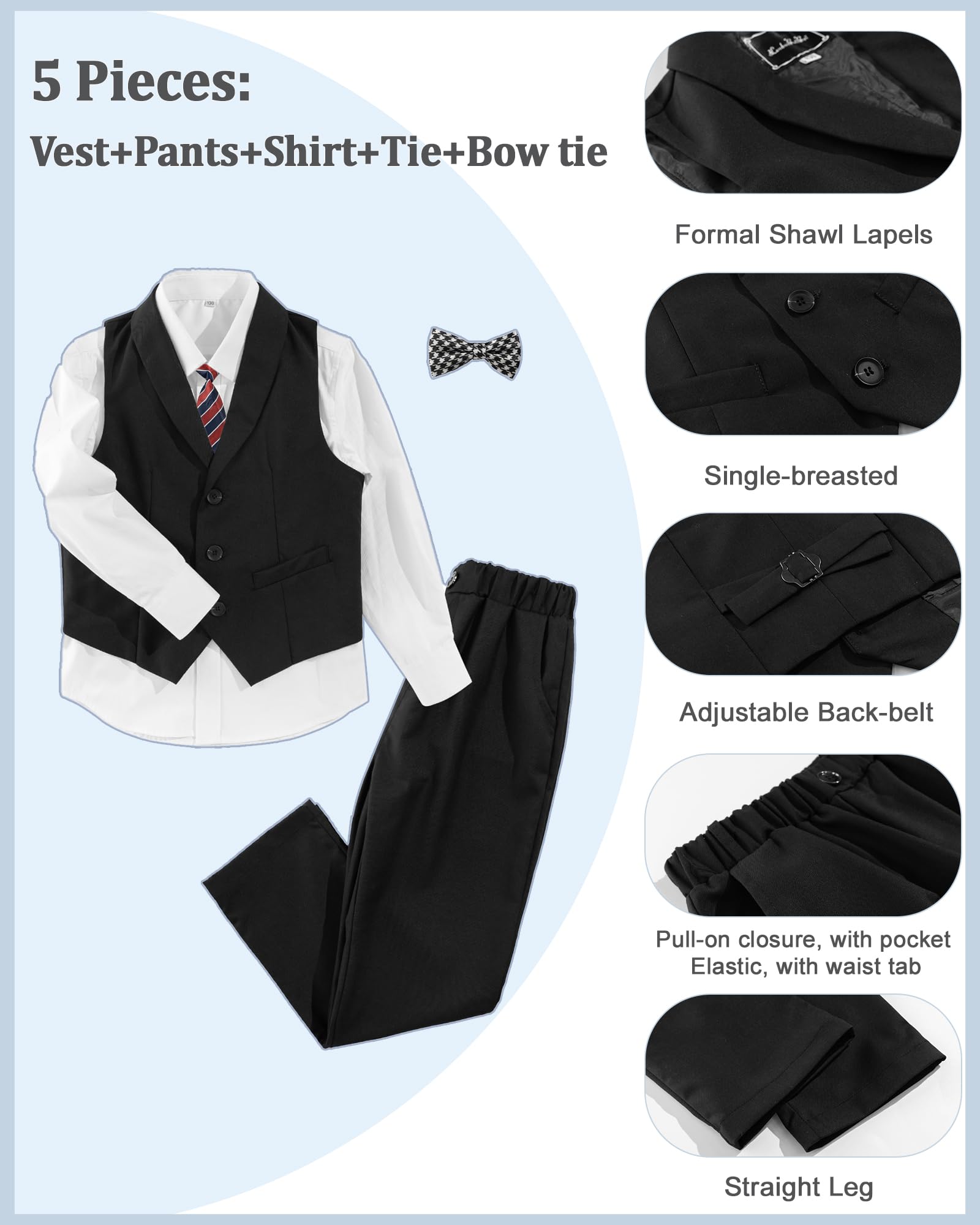LOLANTA Conjunto de Traje de 5 Piezas para Niños, Traje Formal para Bodas y Fiestas de Cumpleaños para Niños, Conjunto de Chaleco, Pantalones, Camisa y Pajarita para Niño de Arras
