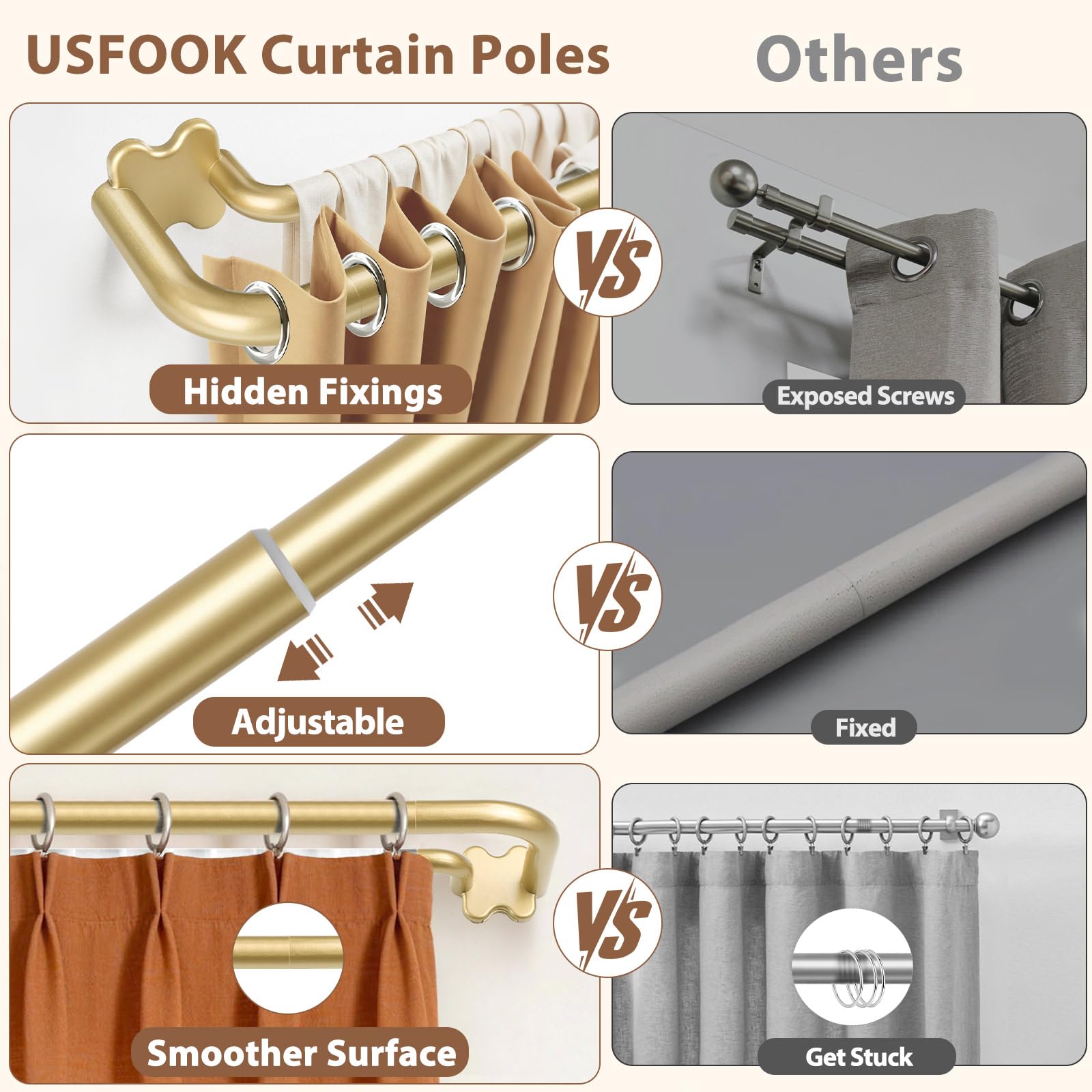 USFOOK Gold Barras de Cortina Doble 80-292 cm