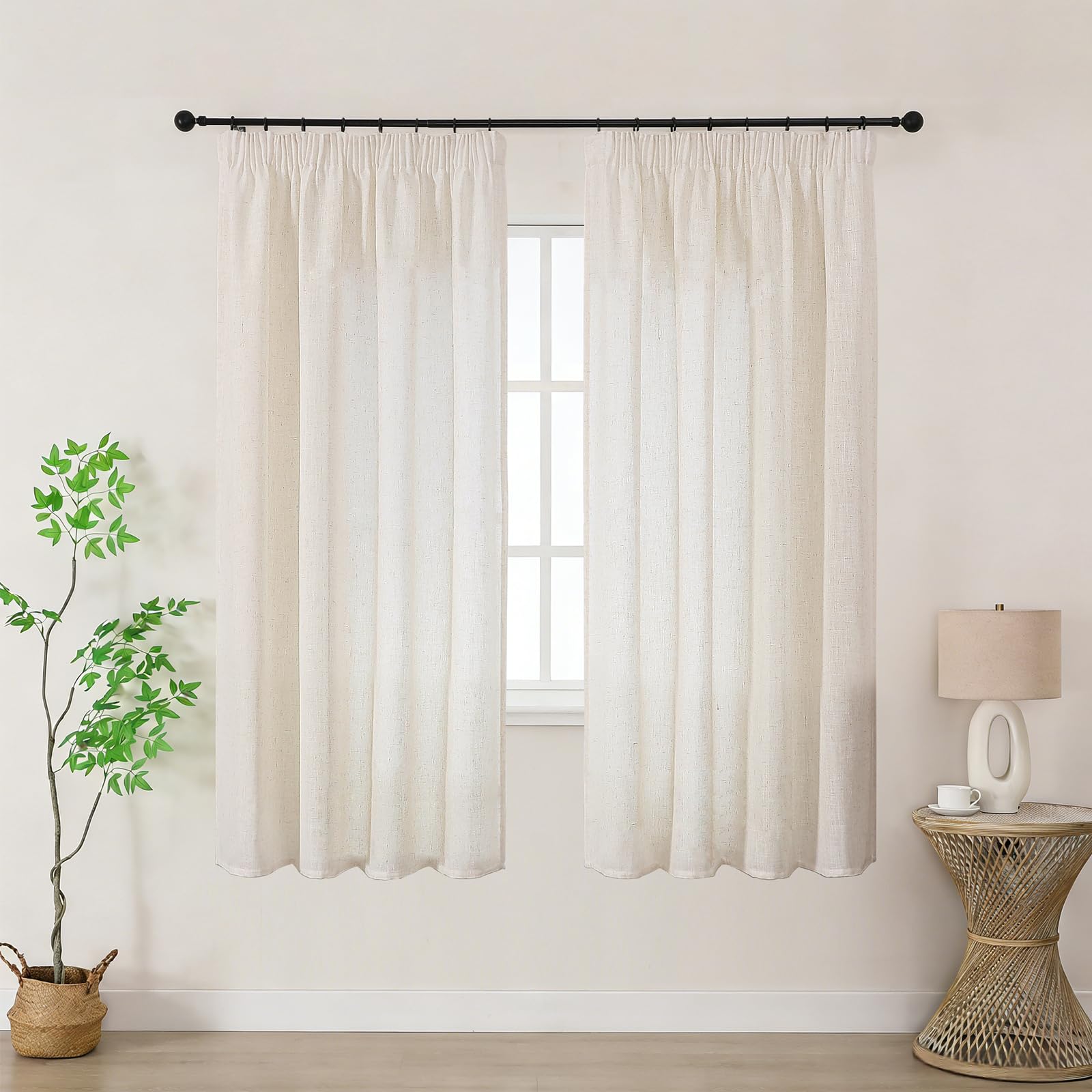 Joydeco Leinen Gardinen mit Kräuselband 2er Set 225x140 HxB Voile Leinenvorhänge für Schienen Halbtransparente Leinenoptik Wohnzimmer Schlafzimmer