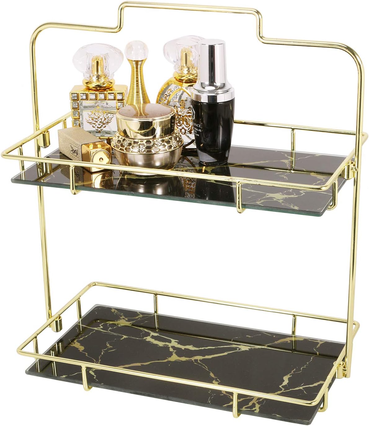 Simmer Stone Makeup Organizer Shelf, 2 Tier Cosmetic Storage Basket with Removable Glass Tray, Wire Vanity Organizer Rack for Dresser, Countertop, Bathroom and More, Gold