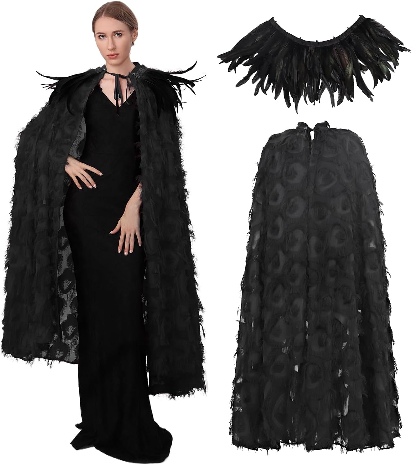 Women's Gothic Feather Cloak Unisex Adult Cape Detachable Fur Collar Vampire Witch Halloween Cosplay Costume