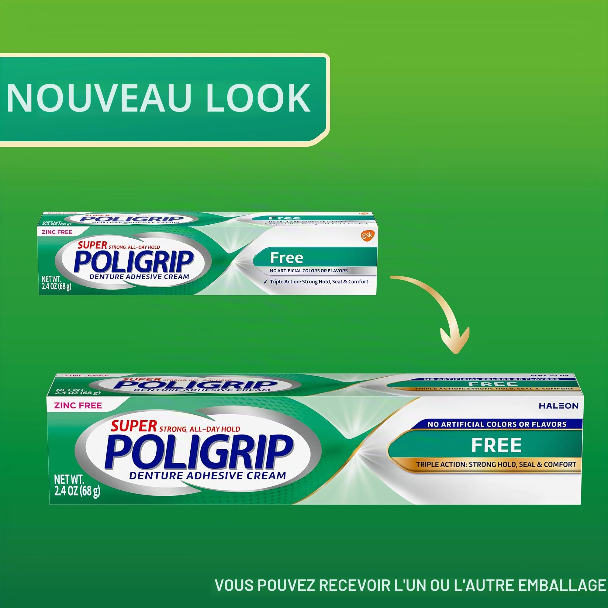 Super Poligrip Lot de 4 crèmes adhésives pour prothèses dentaires et partielles sans zinc 68 g