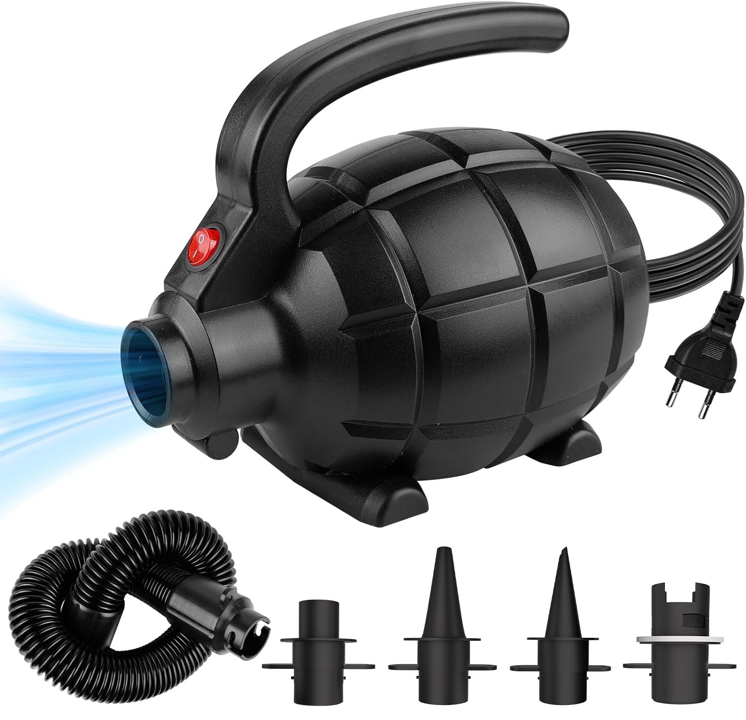 Elektrische luchtpomp voor luchtmatras, elektrische luchtpomp met 4 sproeiers voor opblaasbare boot, elektrische luchtpomp (600 W, 1000 l/min) voor opblaasbare kussens, luchtbedden, zwemring, zwembad