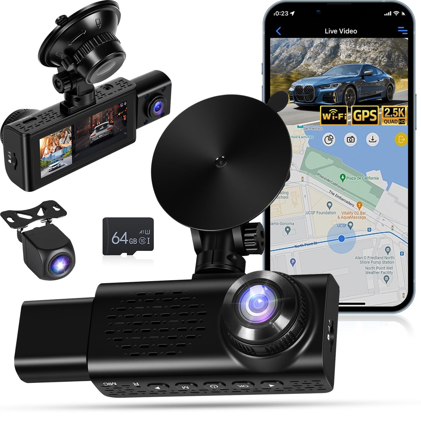 NHOPEEW Dash CAM 360° 2.5K con Cámara Frontal, Interior y Trasera, WiFi GPS Cámara para Coche, Visión Nocturna, Grabación en Bucle, G-Sensor, Tarjeta 64GB