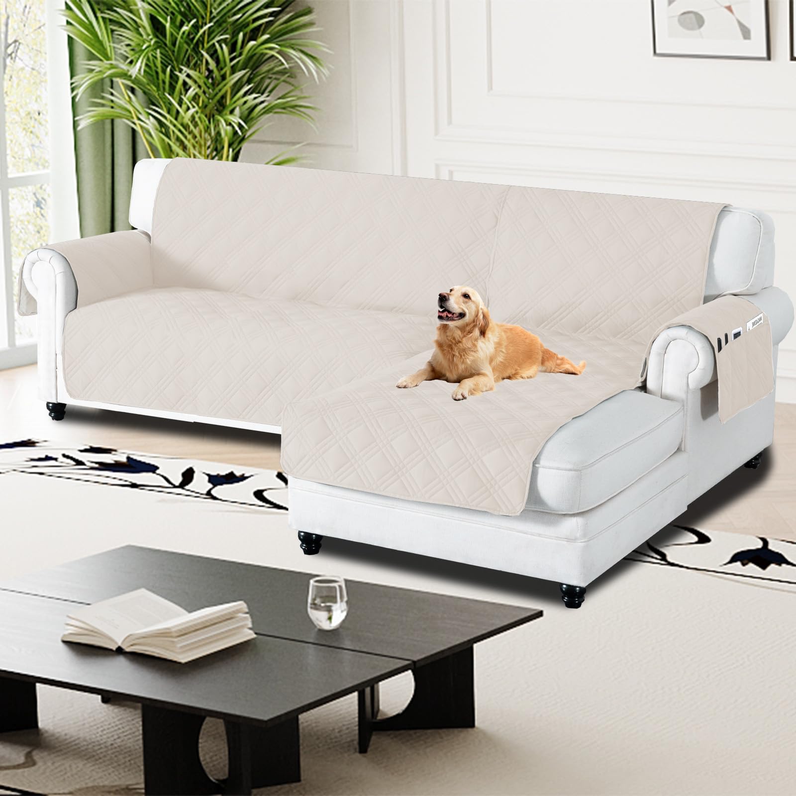 H.Versailtex 100% Waterproof Couch Covers for Sectional Sofa 2-Piece Couch Covers Sectional Chaise Sofa Cover L Shaped for Dogs Non Slip (Right Chaise Lounge Cover + 3 Seat Sofa Cover, Frenchoak)