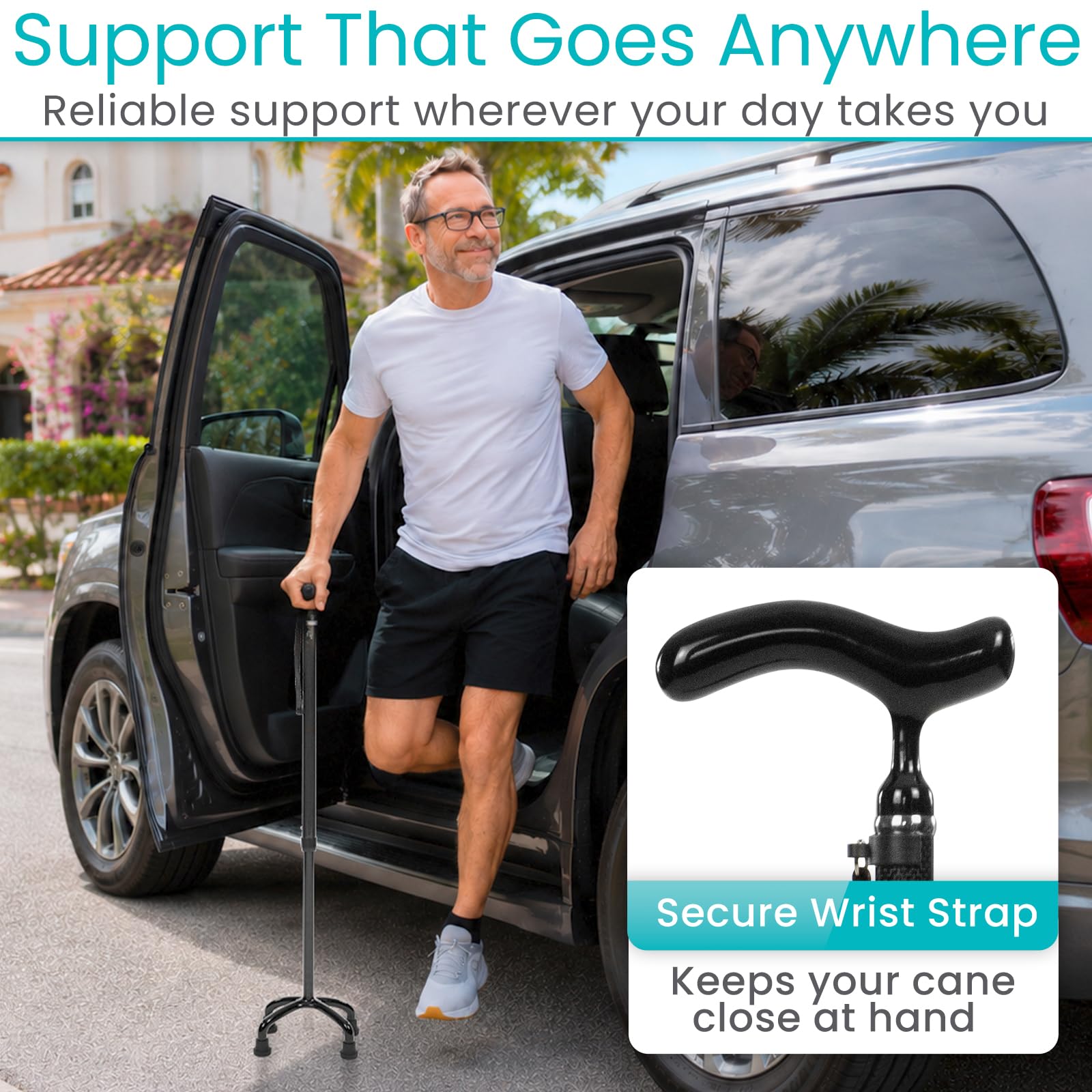 Vive Quad Cane - Bastón ligero de fibra de carbono para hombres y mujeres - Mango ergonómico ajustable - Puntas de goma antideslizantes de cuatro puntas para soporte de estabilidad derecha e izquierda