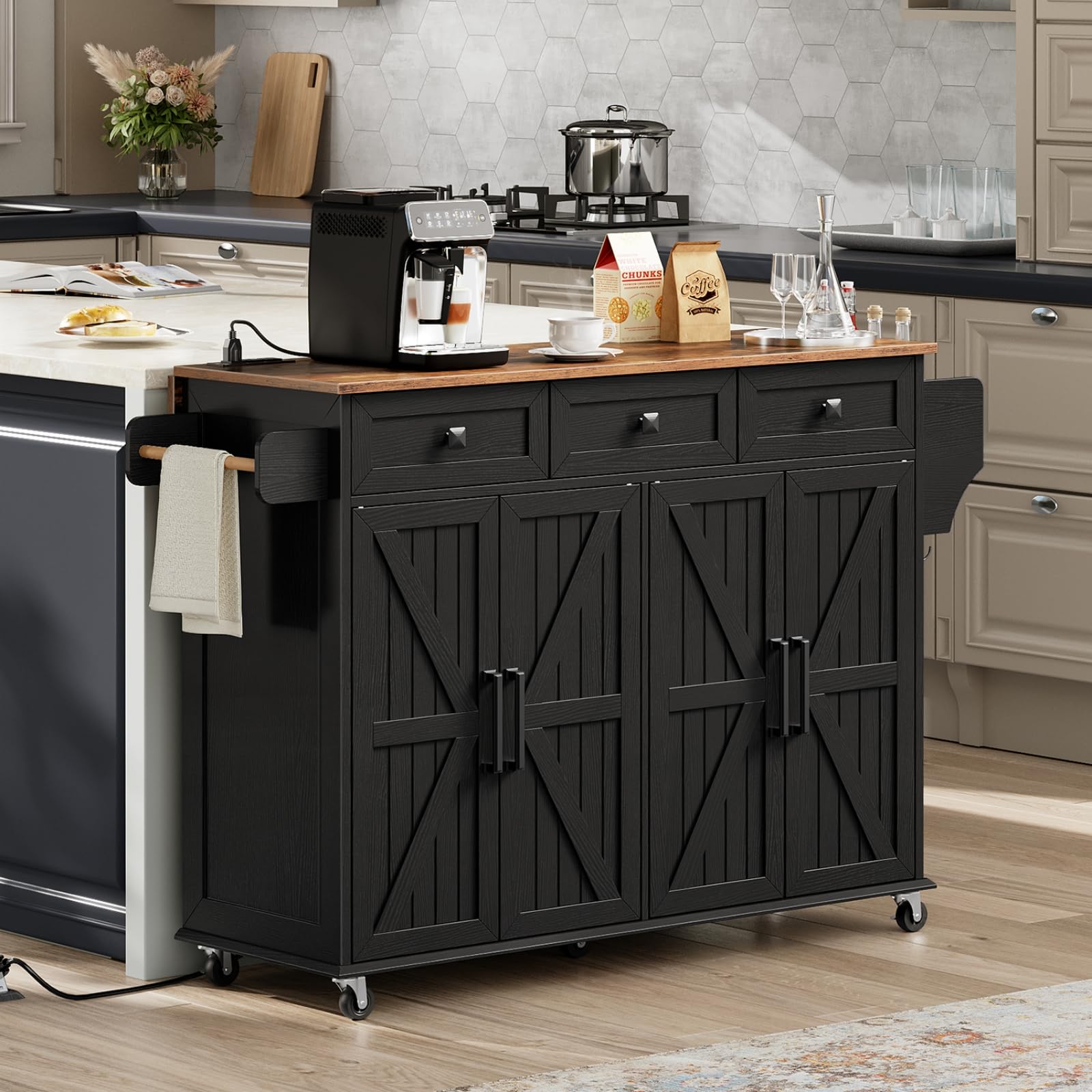 Mobile Kitchen Island with Drop-Leaf, Kitchen Island with Storage, Kitchen Cart with Charging Station, Rolling Kitchen Island with 3 Drawers, Towel Rack and Spice Rack, Black and Rustic Brown