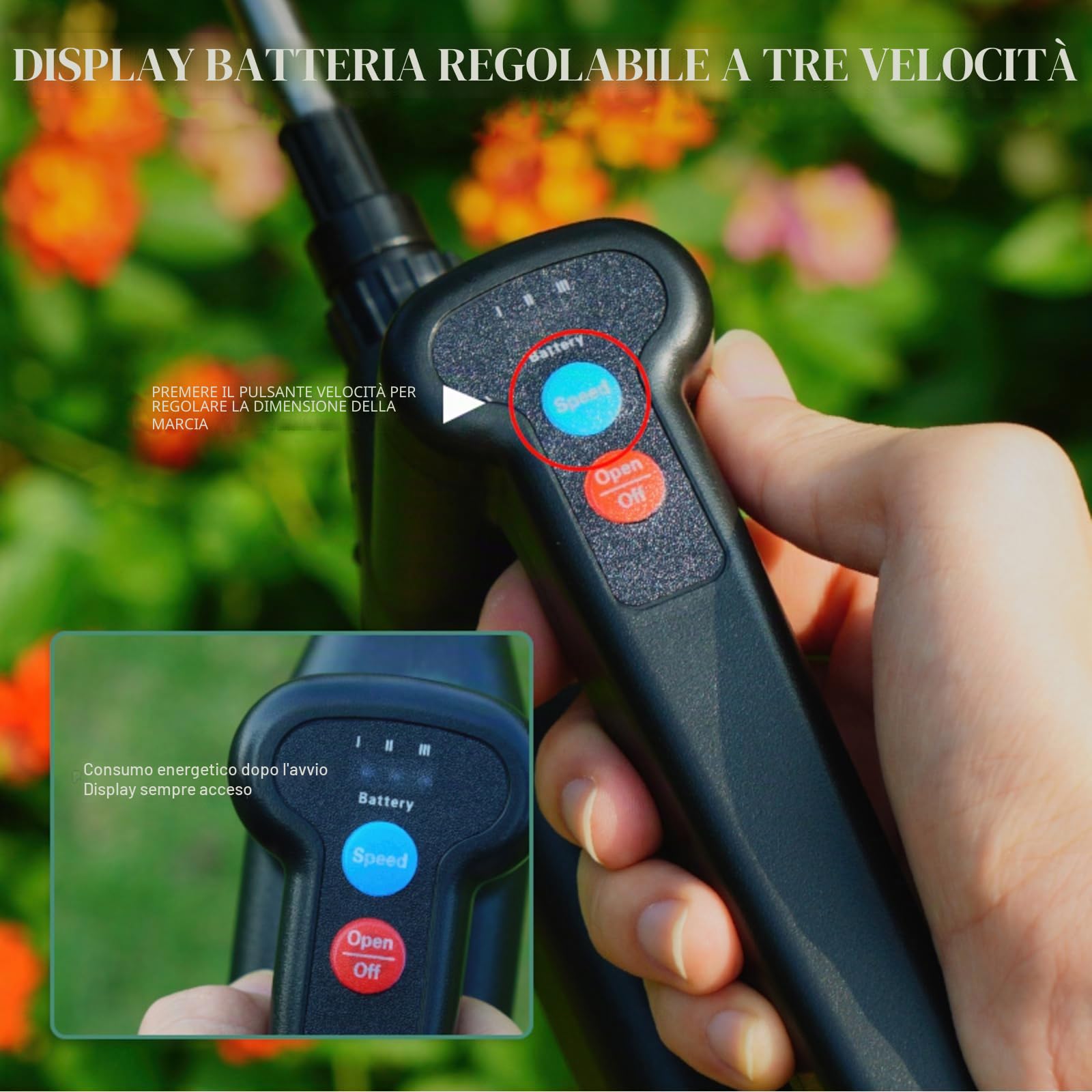 OBEST Spruzzatore Elettrico per Piante, 3 Livelli Regolabili Irroratore | Tubo da 5M e 4 Ugelli, Spruzzatore da Giardino Portatile per Patio, Prato e Autolavaggio con Indicatore di Batteria