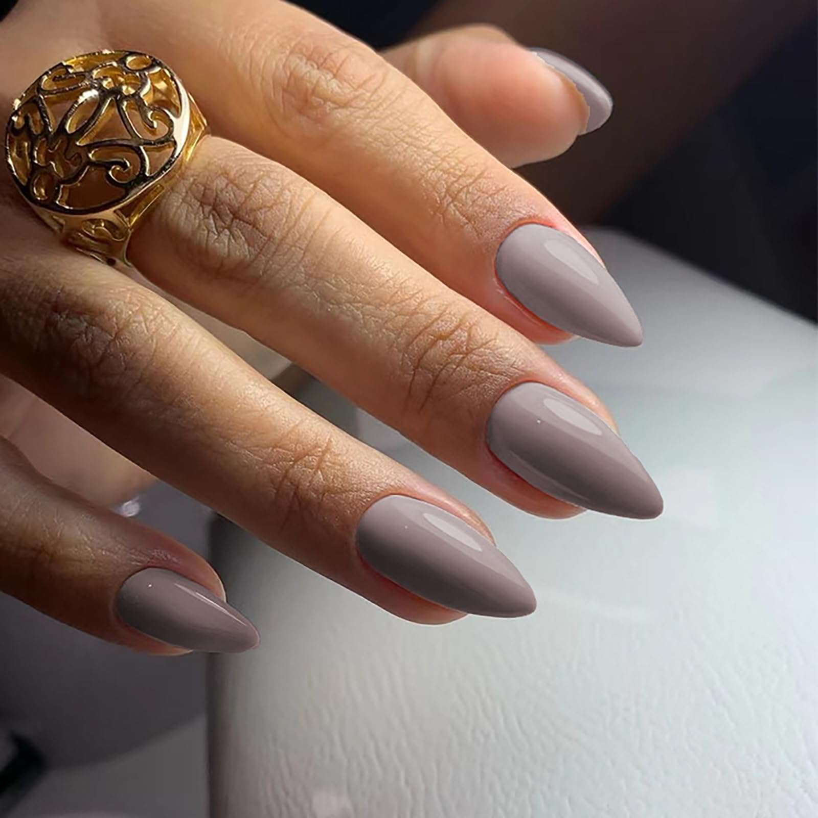 MABKJLF Press On Nails - Short Almond Grey Solid Color False Nails, 24Pcs with Glossy Nail Glue