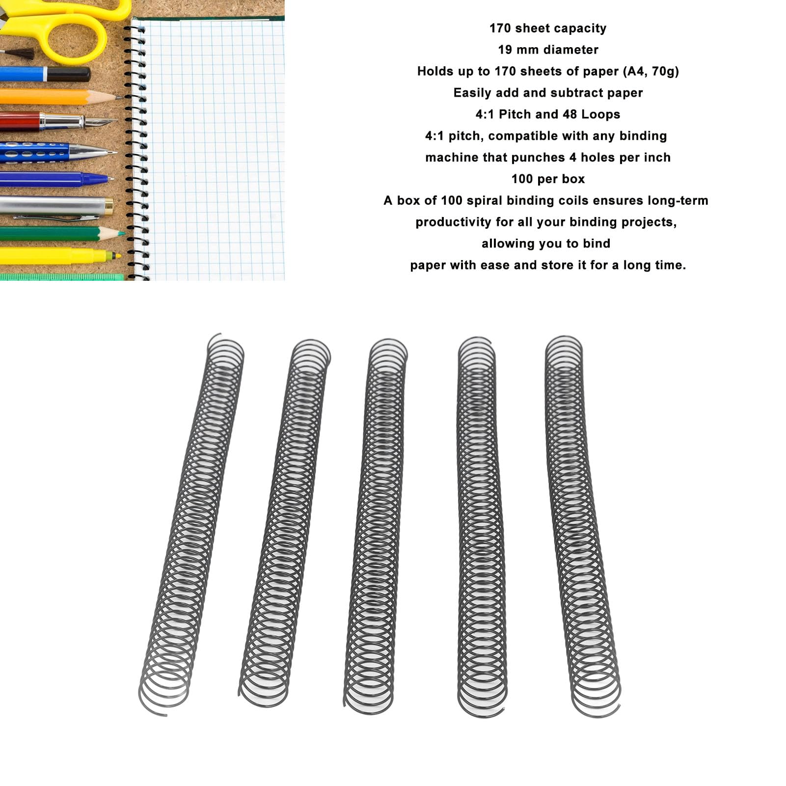 Metall-Spiralbindespulen, 19 Mm, 100 Stück, Teilung 4:1, 170 Blatt Kapazität für A4-Papier, Bindespiralen für Bürodokumente (#1)