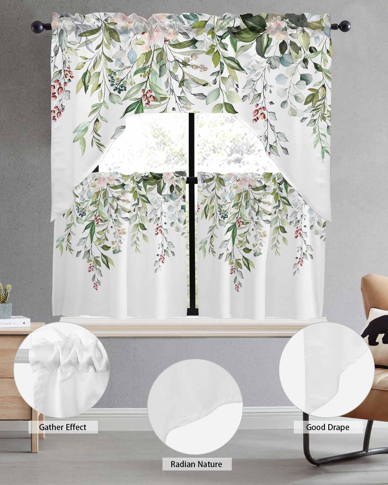 Lot de 3 cantonnières et étages, Motif Floral printanier, Feuilles d'eucalyptus, Rideaux avec Passe-Tringle pour Chambre à Coucher, Salle de Bain, Cuisine, cantonnières et cantonnières de 91,4 cm
