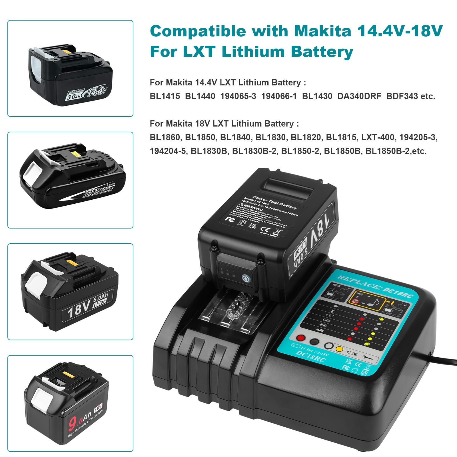 Batterie et chargeur 18 V 5,0 Ah pour batterie Makita LXT DC18RC Chargeur rapide Compatible avec toutes les batteries Makita 14,4 V-18 V Li-ion BL1850 BL1840 BL1815 BL1830 BL1430