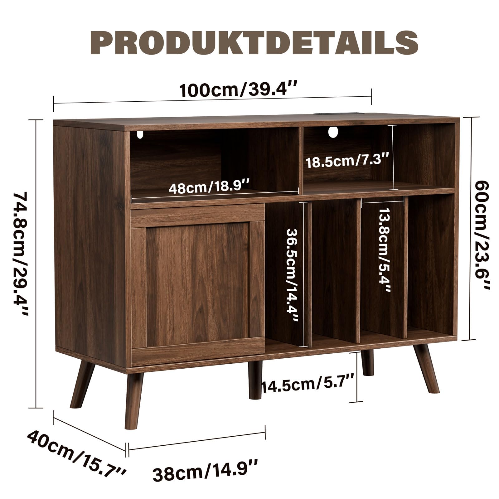 Großer Plattenspieler-Ständer mit Schiebetüren, Plattenständer für über 500 Schallplatten mit Ladestation, Vinylplatten-Halterung mit Ausstellungsfläche, Plattenspieler-Tisch aus Holz für Wohnzimmer