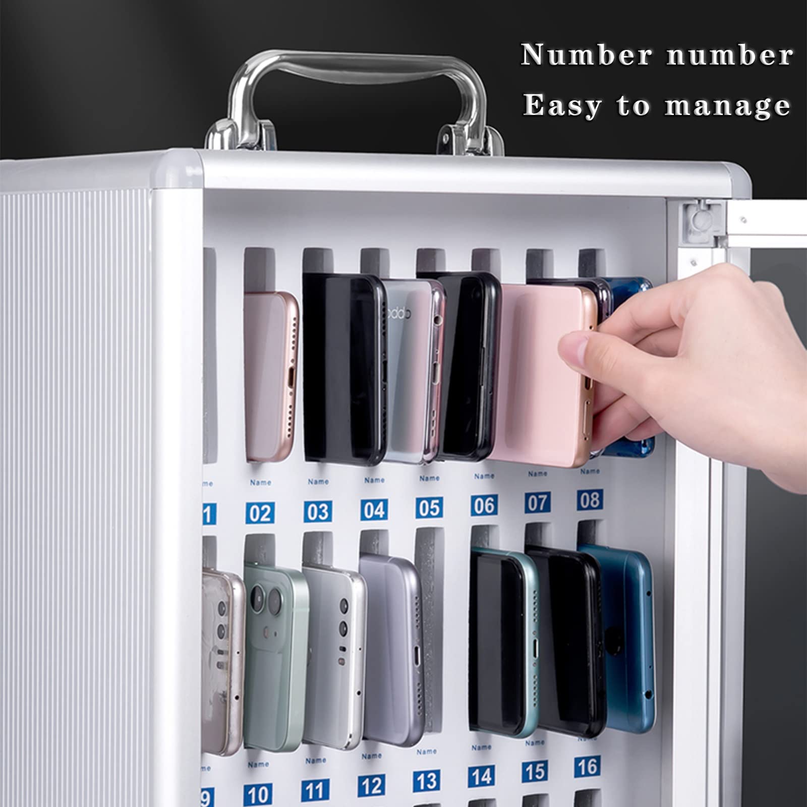 Armadietto da parete per telefono cellulare a 36 posizioni con maniglia per il trasporto, ideale per scuole e aziende, colore argento, disponibile in 48 e 60 posizioni.