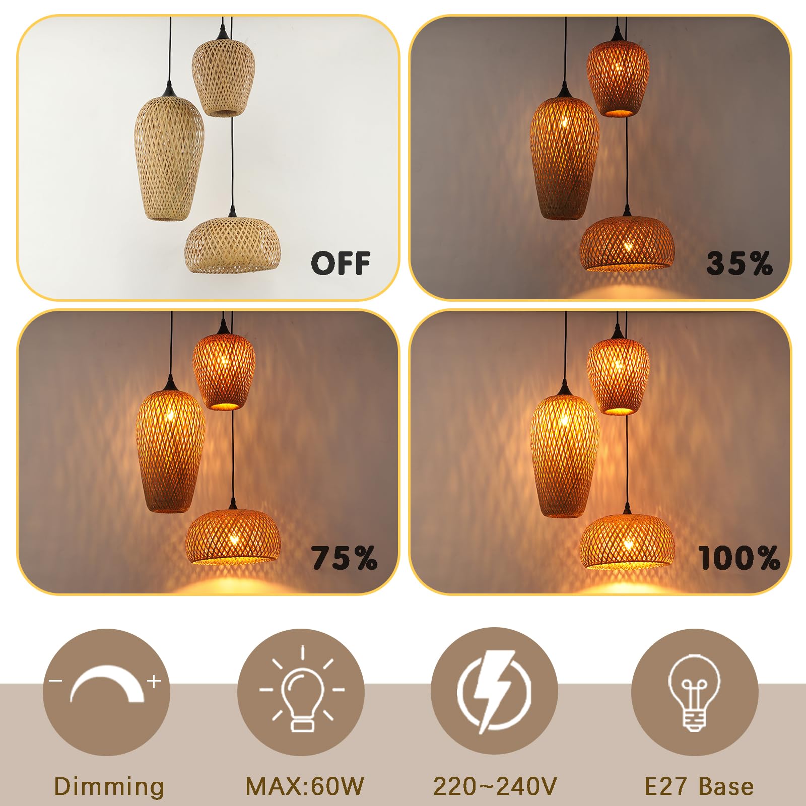 Lampenschirm HäNgelampe Bambus 3-Flammig,Boho Pendelleuchte Esstisch Handgewebt Laterne Vintage Lampe E27 Wohnzimmerlampe For KüChe Schlafzimmer