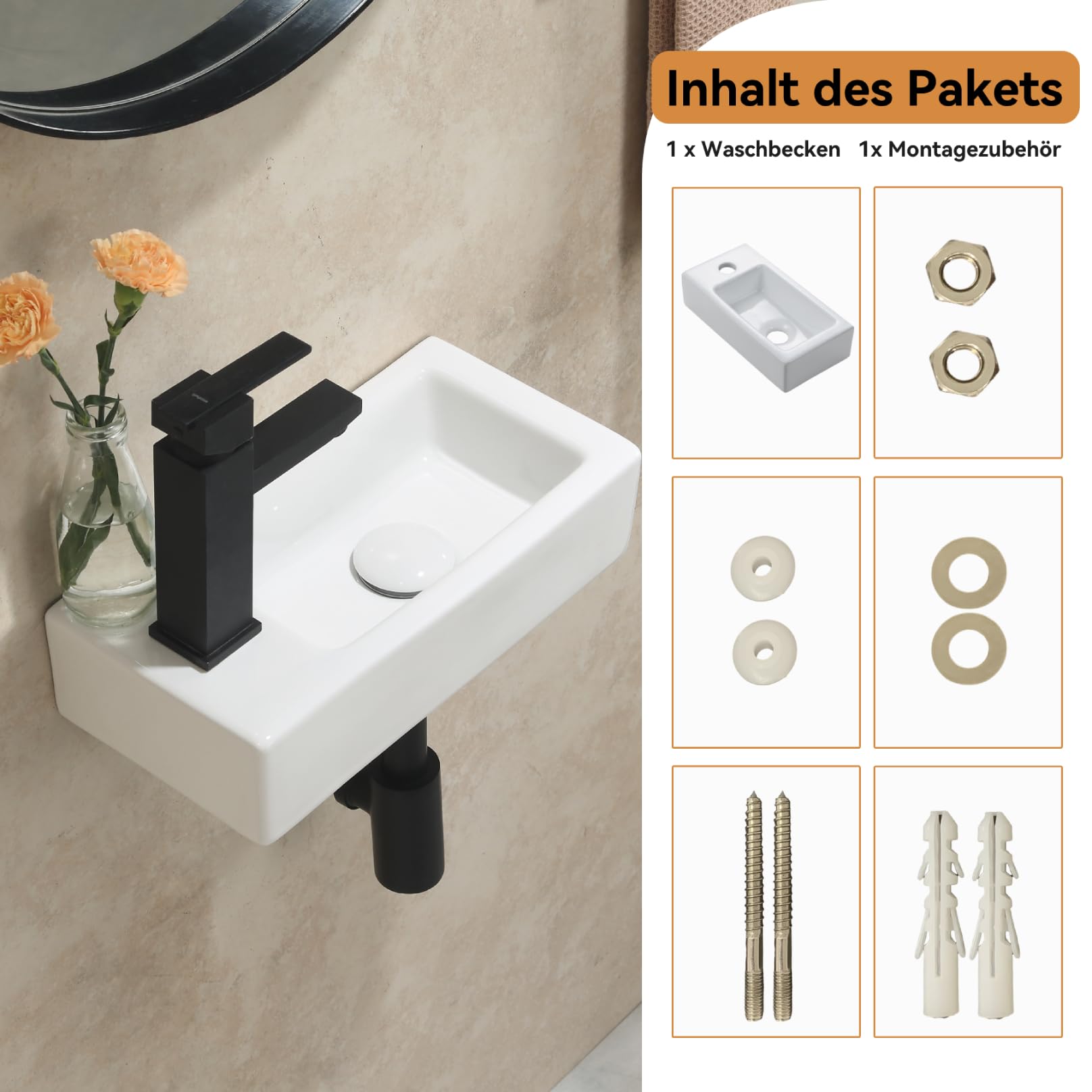 HOROW Lavabo colgante de pared, rectangular, de cerámica, porcelana, pequeño, para invitados, orificio para grifo a la izquierda, 370 x 185 x 90 mm