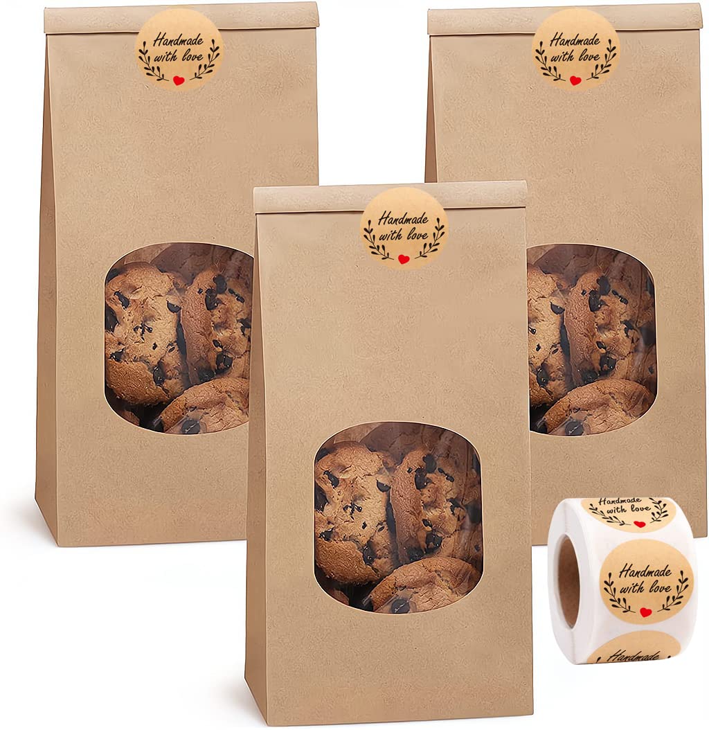 Bakery Bags, Kraft Paper Bags Cookie Coffee Bags Gift Wrappers Holiday Party for Bakery Cookies Candies Dessert Chocolate Sandwich Lunch Bags, 20 Pcs, Brown Bag with Window Style