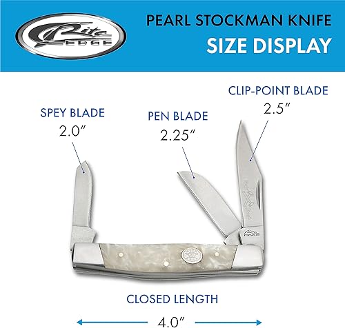 Miniatura 3 de Rite Edge Cuchillo de Bolsillo Stockman de 4"  Cuchillo Plegable de 3 Hojas con Cuchillas de Acero Inoxidable y Mango de Perla Blanca  Cuchillos de