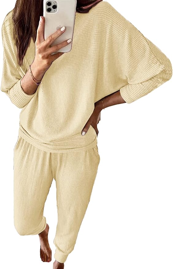 PRETTYGARDEN Women's Fall 2 Piece Lounge Set Long Sleeve Tops Ribbed Pants Spring Matching Sweatsuit Travel Outfits Clothes
