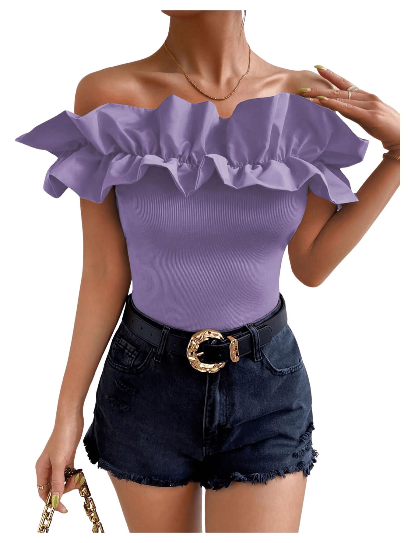 OYOANGLE Women's Ruffle Trim Off Shoulder Short Sleeve Blouse Party Tops Shirt