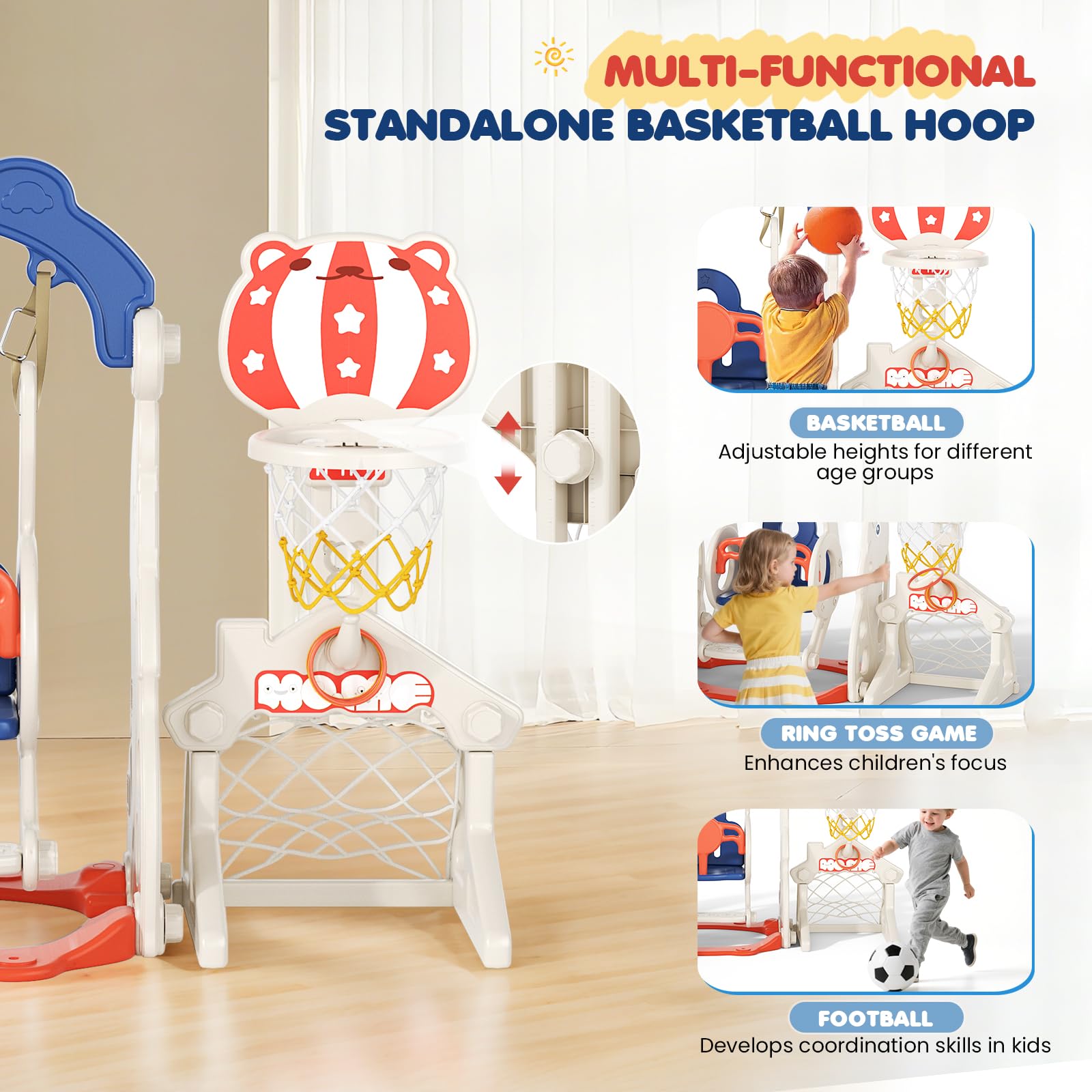 6-in-1-Kinderrutsche für drinnen und draußen, große Kleinkind Rutsche | Basketballkorb,Klettergerüst , Teleskop, extralange Rutschbahnfür 1-5 Jahre，Montessori Baby-Gartenrutschen-Spielset