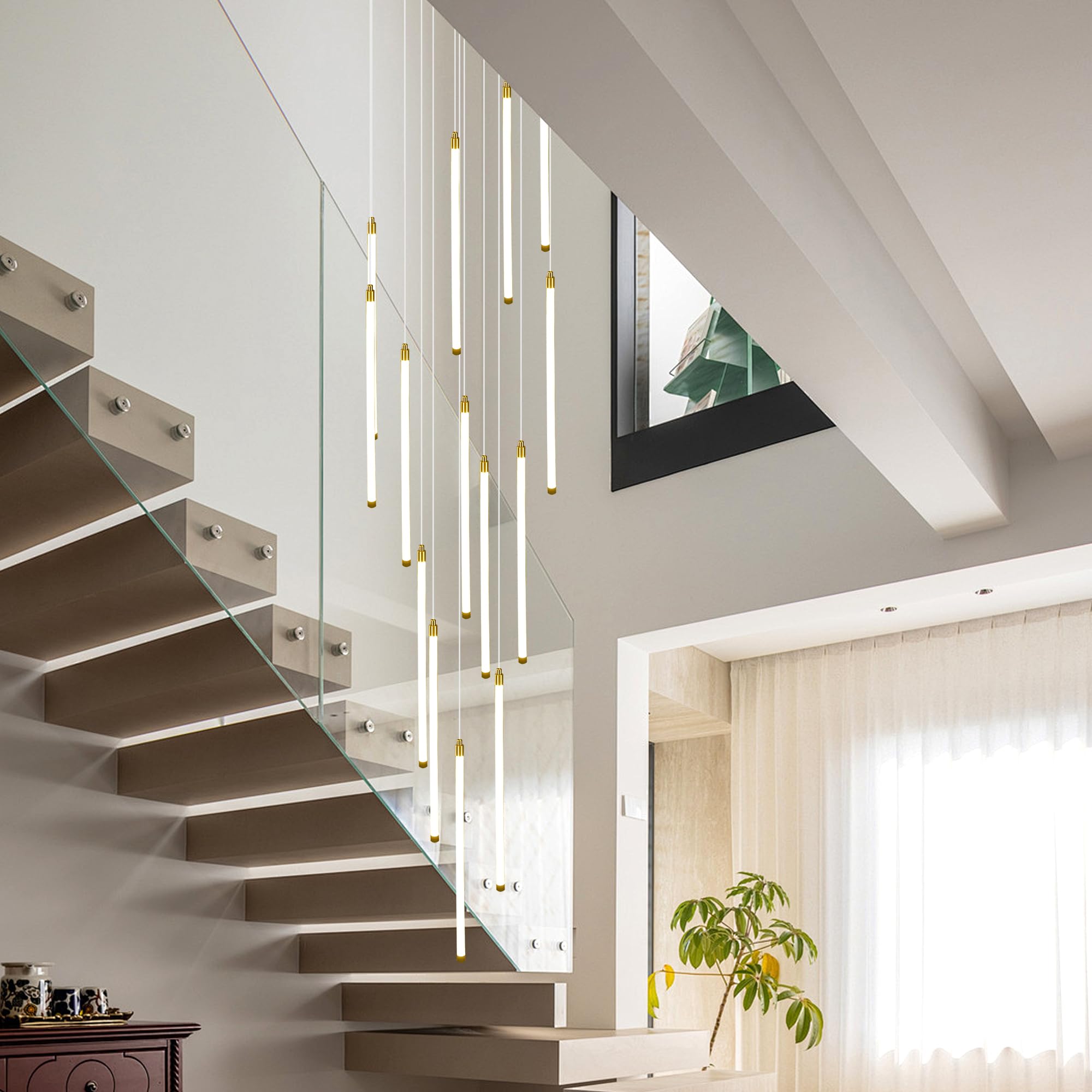 Qcyuui Nowoczesna Lampa Wisząca z 15 Światłami na Sufit, Regulowana Wysokość, Bardzo Duża Lampa Wisząca na Wysokie Sufity, Idealna na Poddasze, Schody, Salon, Willę, Elegancka Lampa Schodowa