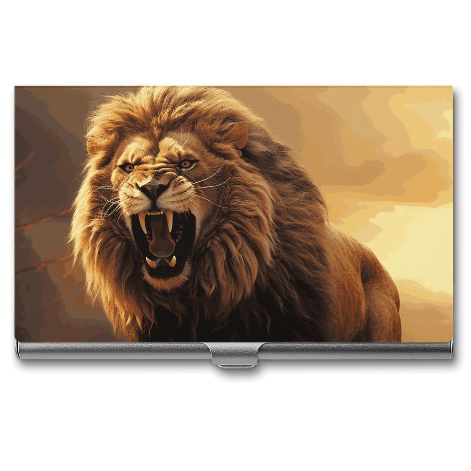 DWVTSLH Angry Roaring Lion Business Card Holder, Slim Portable Metal Business Card Case Pocket Wallet Professional Name Cards Holder for 22-30 Cards, Credit Card ID Case/Holder for Men Women