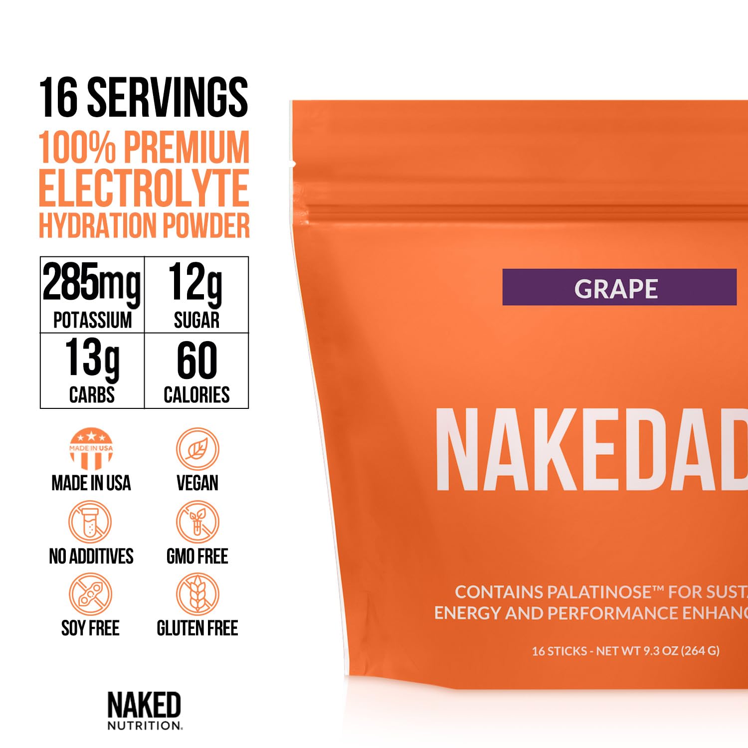 Nakedade Grape – Performance Enhancing Sports Drink Powder - Electrolyte Powder – No GMOs or Artificial Sweeteners, Gluten-Free, Soy-Free, Dairy-Free – 16 Sticks