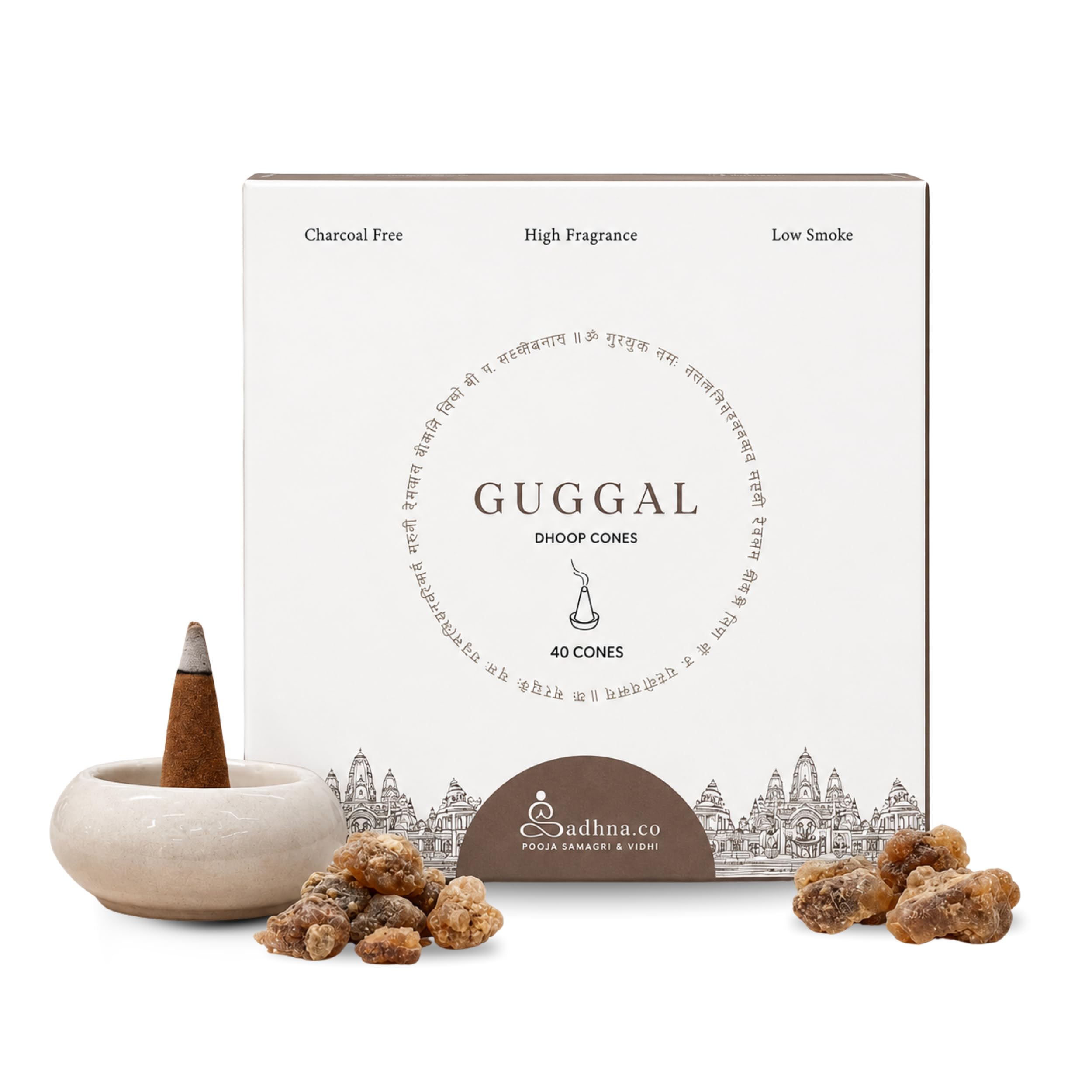 Sadhna.co Charcoal-Free Incense Cones – Natural Aroma for Meditation, Relaxation & Spiritual Use Free Ceramic Stand for Every Pack (40 Cones Per Pack) (Guggal)-image-29