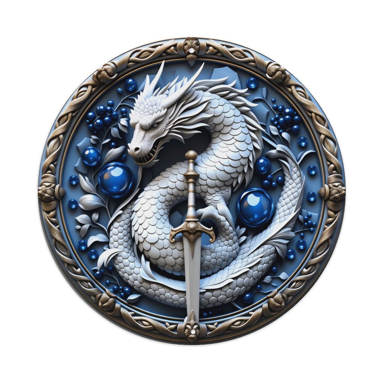 Wmlzdnwr Vintage Dragon Sword Blue Gems Floral Border Round Tin Sign,Retro Wall Art,Metal Poster For Home, Bar, Garage, Cafe, Rustic Indoor & Outdoor Decor, 8X8 Inches