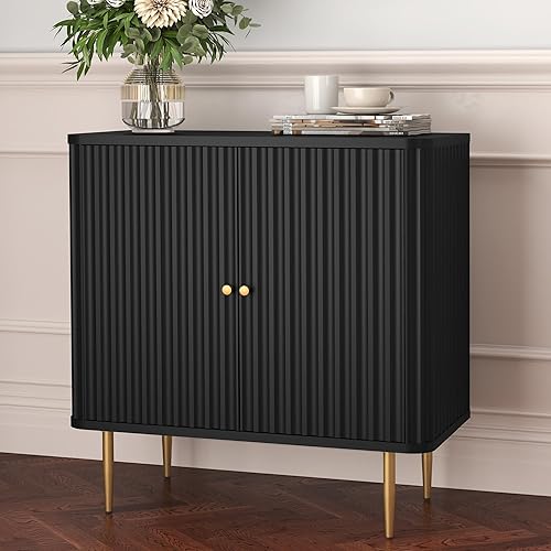 HLR Aparador de buffet con textura acanalada, gabinete de acento negro con puertas, armario de almacenamiento moderno de credenza para cocina, sala